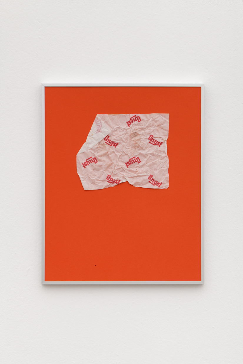 Benedikt Bock, ANGST (50 poems about our time), 2024. 50 used sausage papers on photographic card, frame, glass 50 poems in German and English. 40 × 50 cm each. Courtesy of the artist.