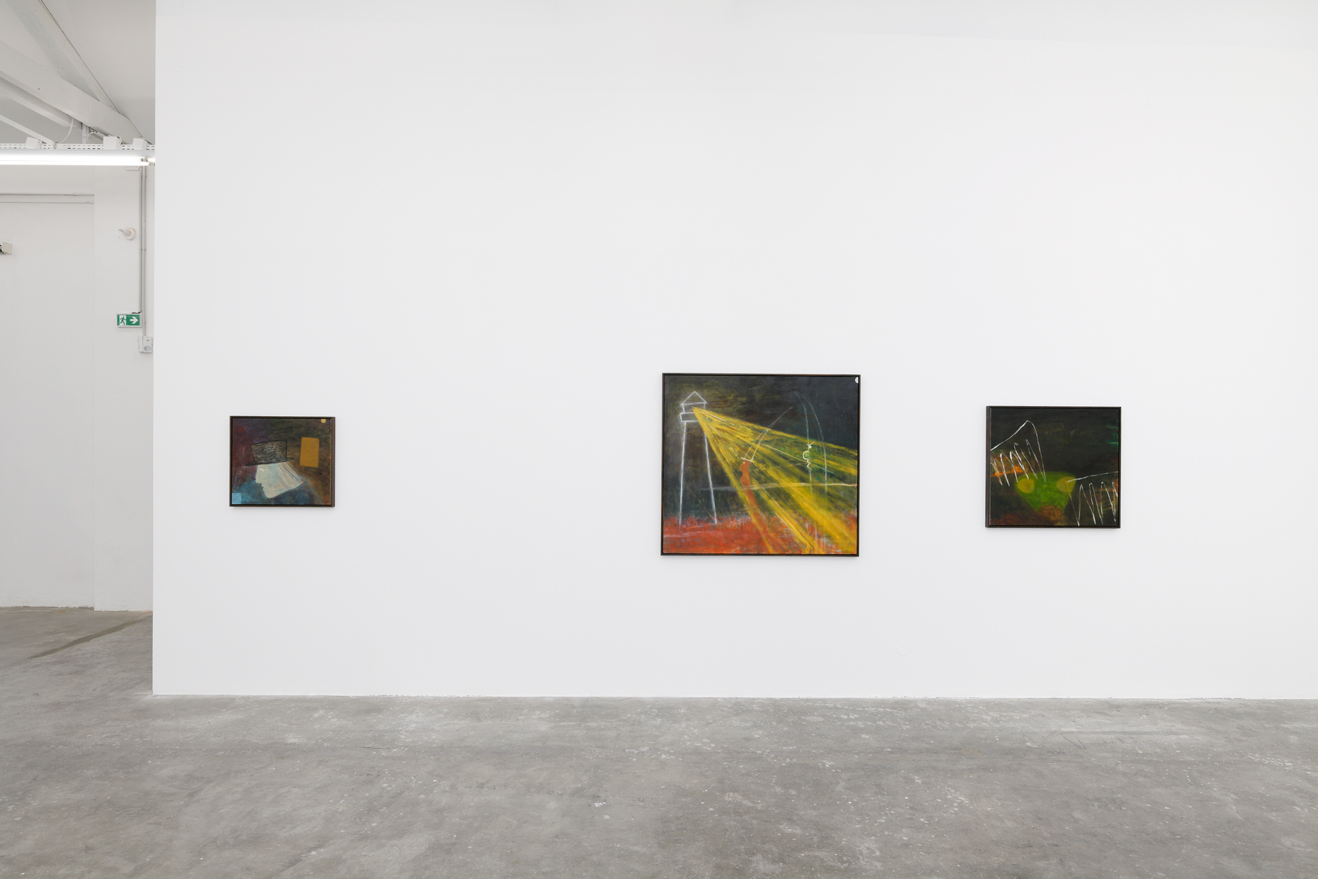 Tenki Hiramatsu, Untitled, 2021. Oil and acrylic on wood. 50 × 60 cm. Leuchtturm, 2020. Oil and acrylic on wood. 110 × 120 cm. Nacht, 2020. Oil and acrylic on wood. 730 × 80 cm. Courtesy of the artist and Barbara Seiler.