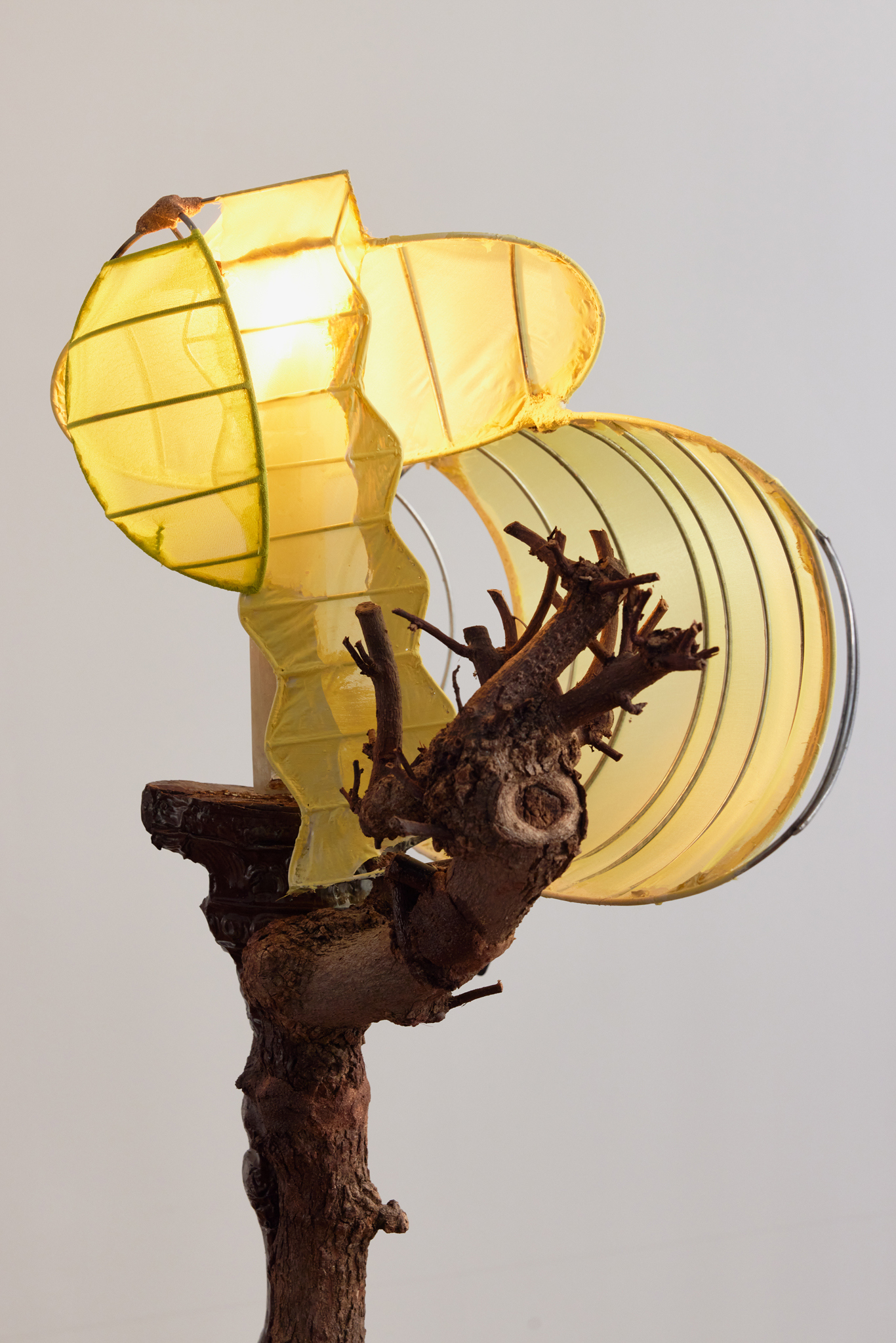 Jessi Reaves, Natural light, 2023, Wood, metal, paint, fabric, lace, lamp wiring, hardware, sawdust, woodglue, 145 × 60 × 47 cm (detail). Courtesy of the artist and Crèvecœur, Paris. Photo: Alex Kostromin