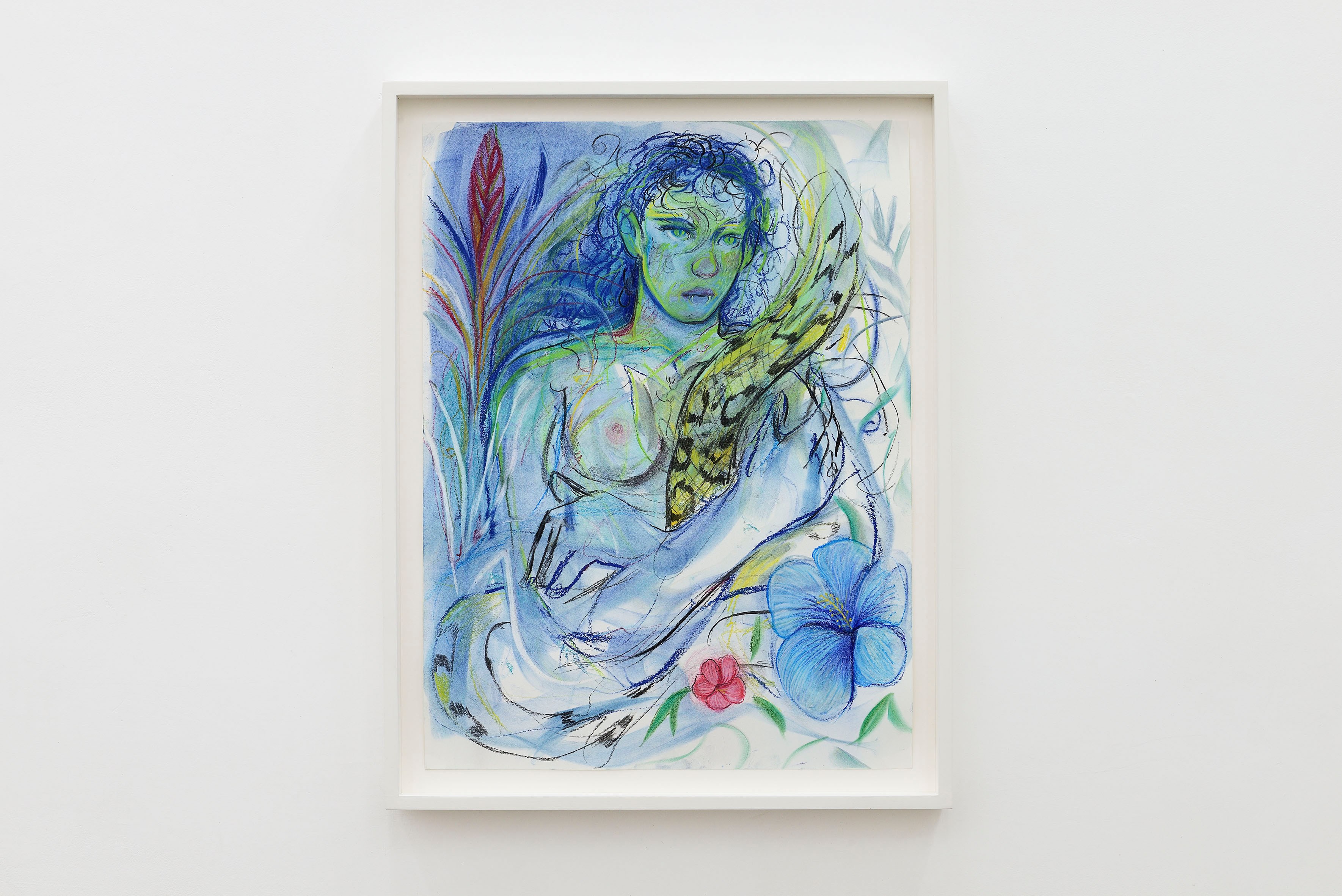 Alina Perez, Snake Girl in Blue, 2024 charcoal and pastel on paper, framed, 67,5 x 52,5 x 5 cm