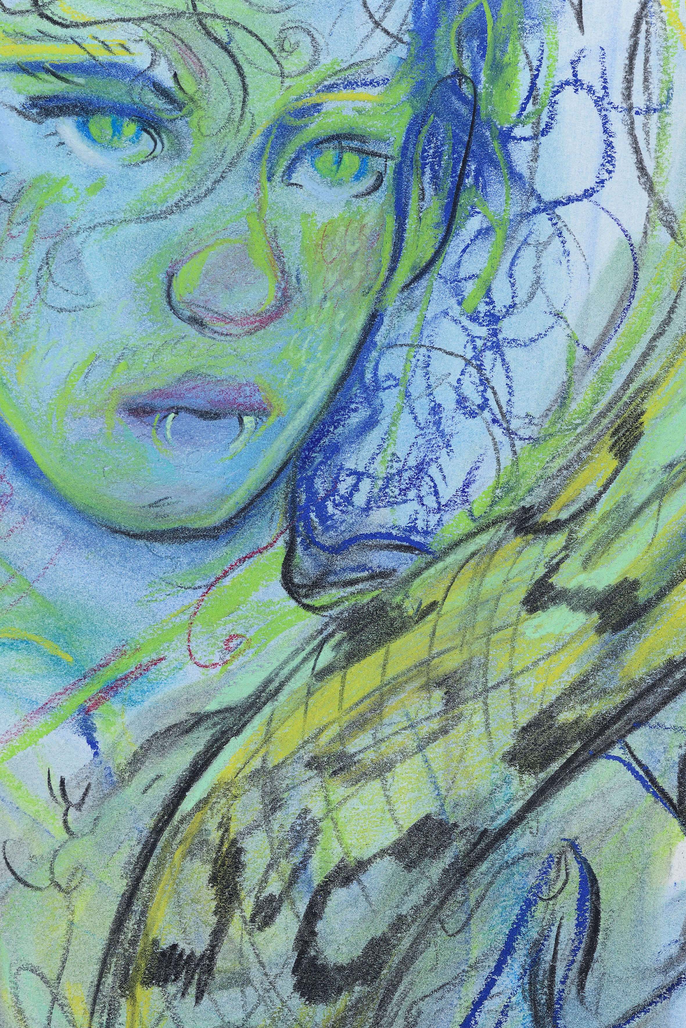 Alina Perez, Snake Girl in Blue (detail), 2024 charcoal and pastel on paper, framed, 67,5 x 52,5 x 5 cm