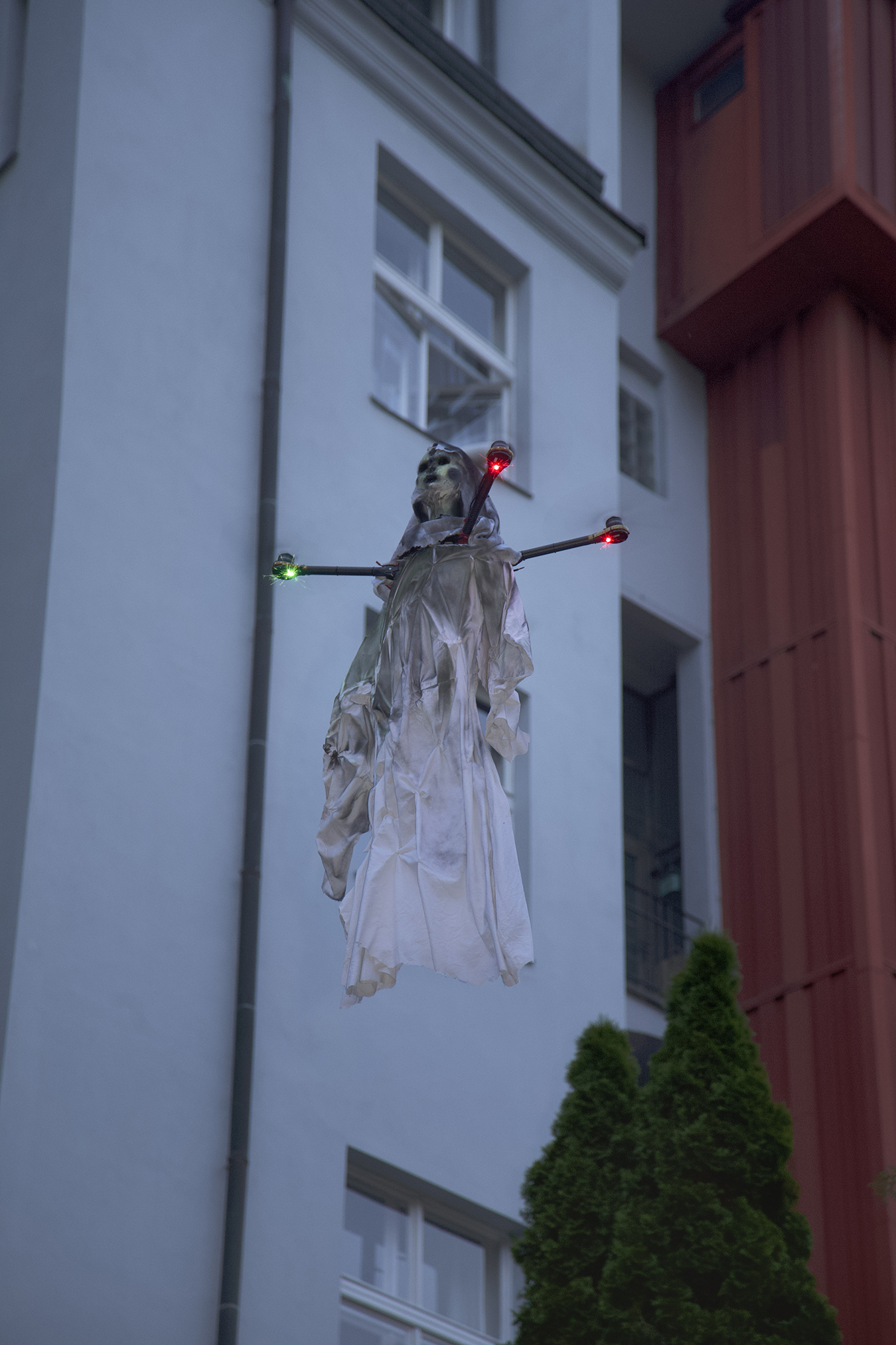 Clueless Agency, Nobody Home, drone, fabrics and wood, 2023