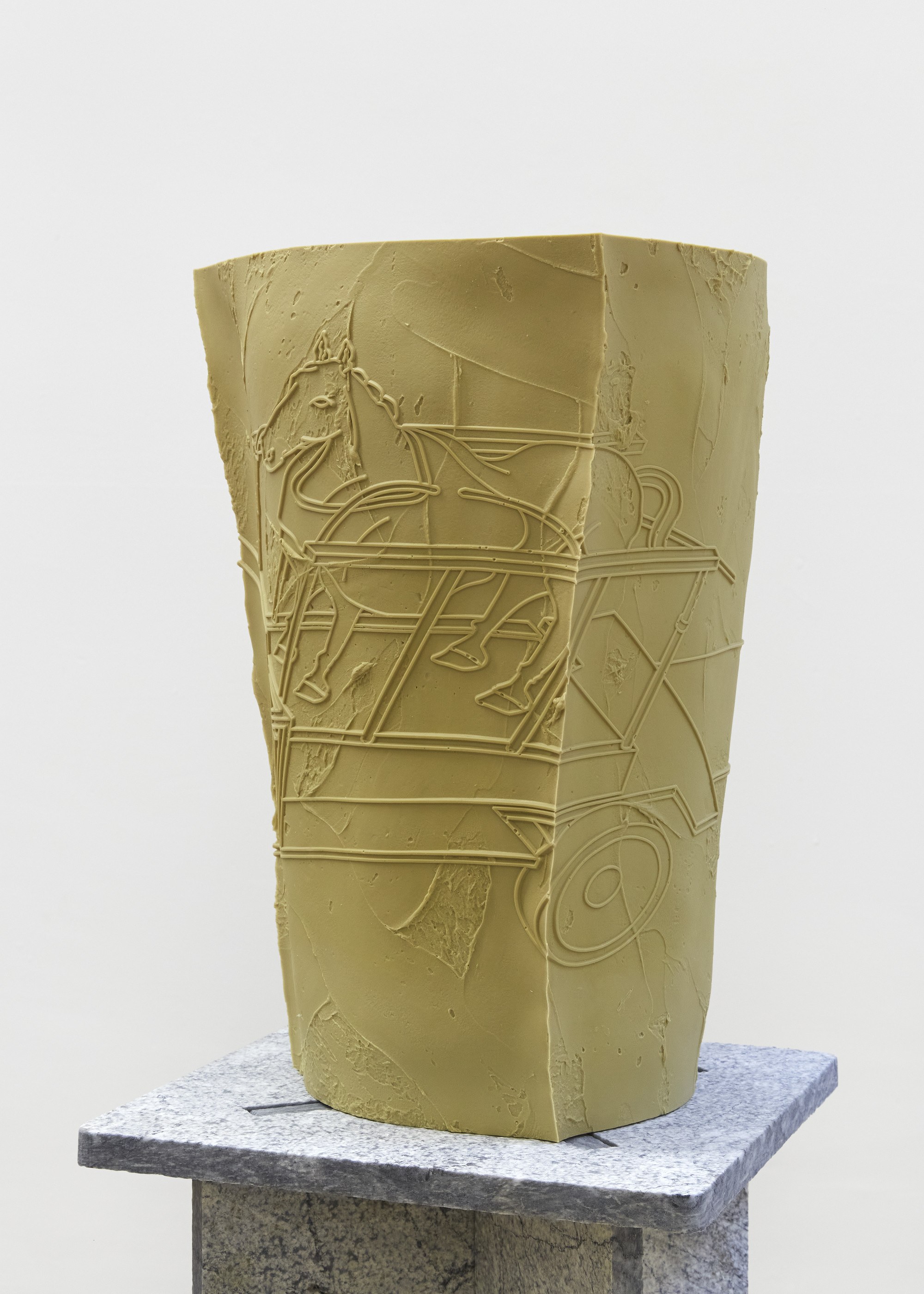 James Fuller, The cart before the horse, 2024. Patent Application Publication US 2023/0228260 A1, rotationally moulded beeswax, carnauba wax and calcium carbonate, 48(H) x 35(W) x 35(D) cm