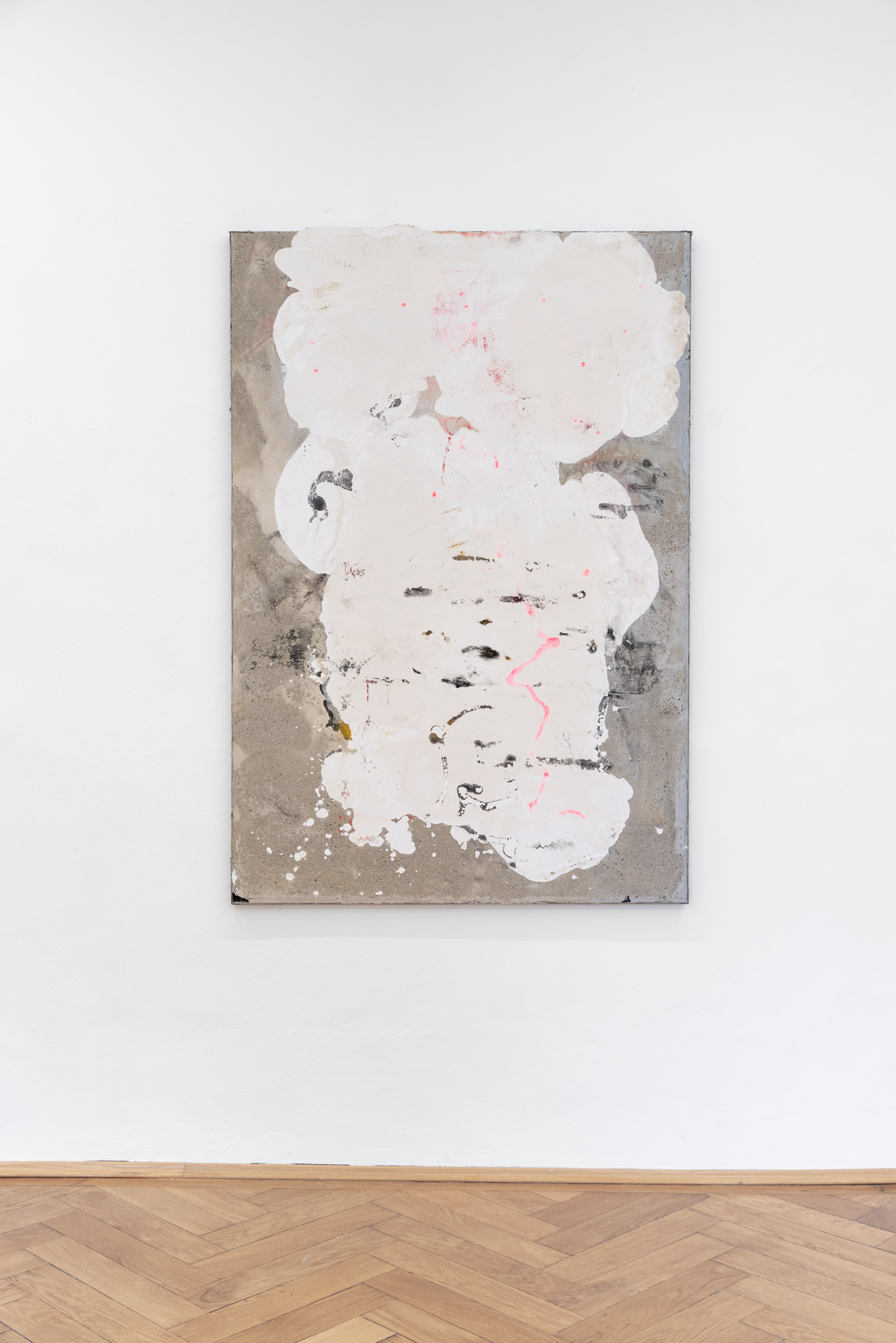 Patrick Ostrowsky, ominous harmony, 2024, plaster, pigments, linseed oil, epoxy resin, concrete, spray-paint, steel, 155,5 x 105,5 x 3 cm