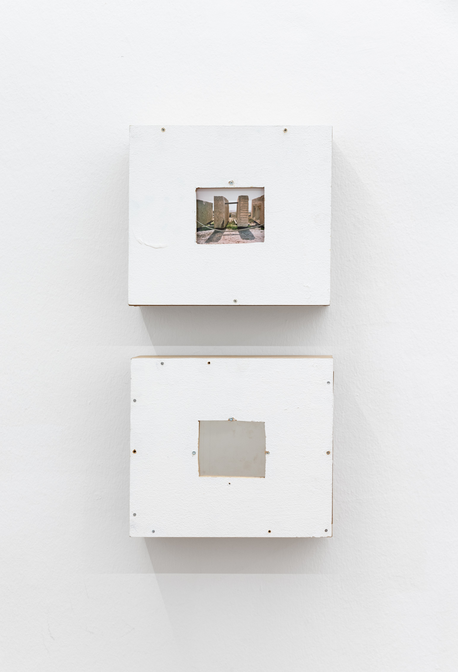 Patrick Ostrowsky, almsbox VI (athens)/almsbox V (me, not, not-me), 2024, wood, MDF, plywood, photograph, 26 x 29,5 x 10,5 cm each