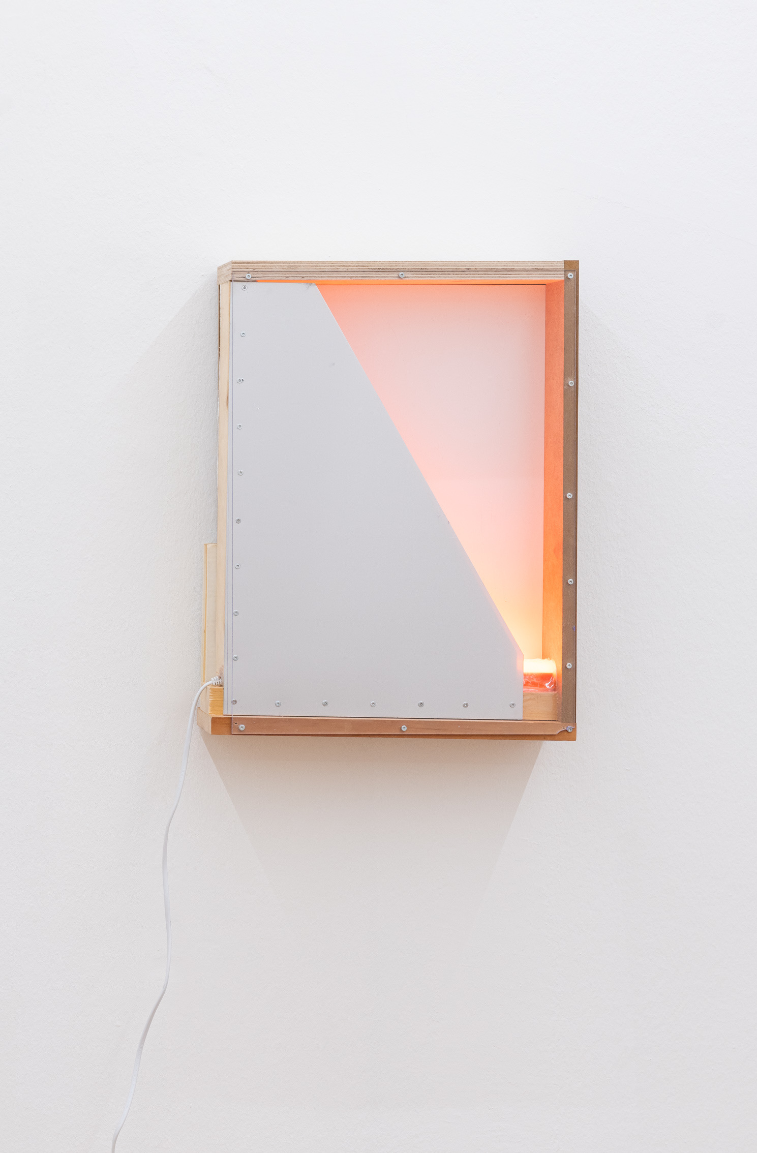 Patrick Ostrowsky, almsbox IV (via interiora), 2024, wood, MDF, plywood, stainless steel, plexiglass, LED, polycarbonate, book, silicone, 51,5 x 39 x 10,5 cm