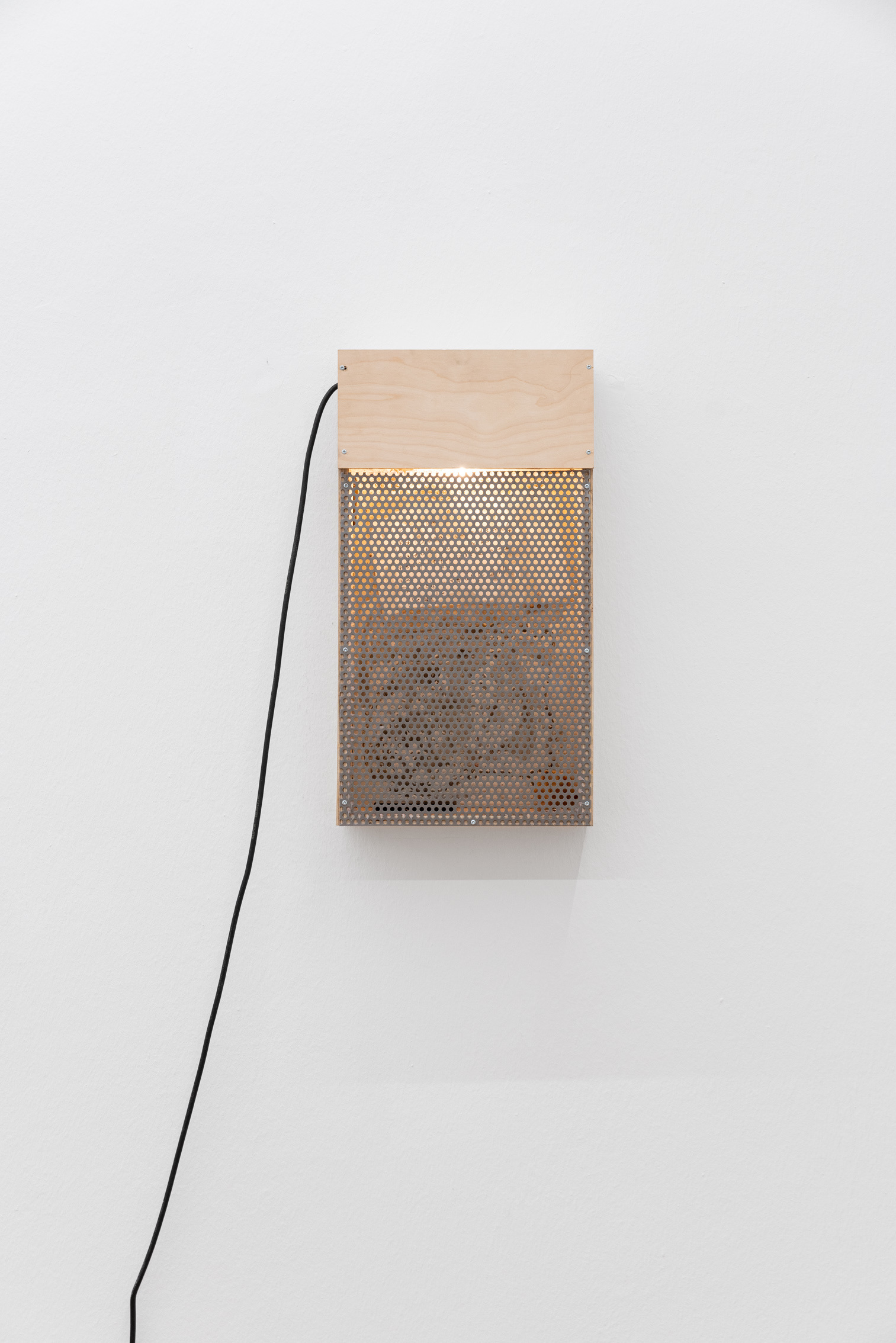 Patrick Ostrowsky almsbox II (anxiety), 2024, plywood, steel, concrete, epoxy resin, paper, LED, objects, 52 x 28 x 11 cm