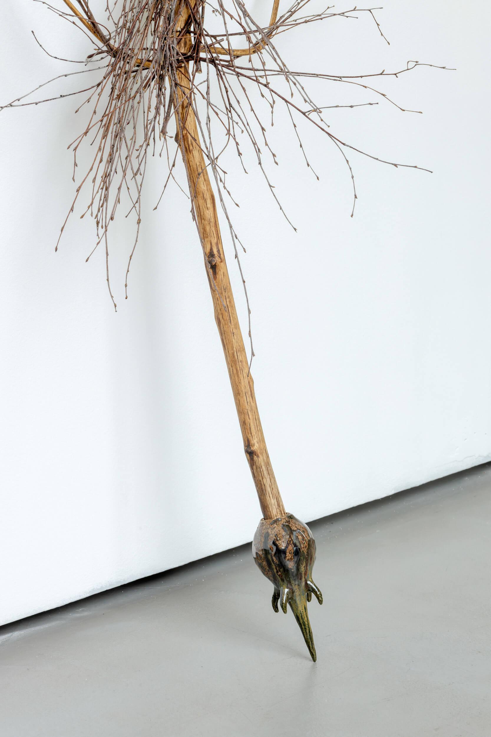 Expulsion / birch, twigs, tin, 2024