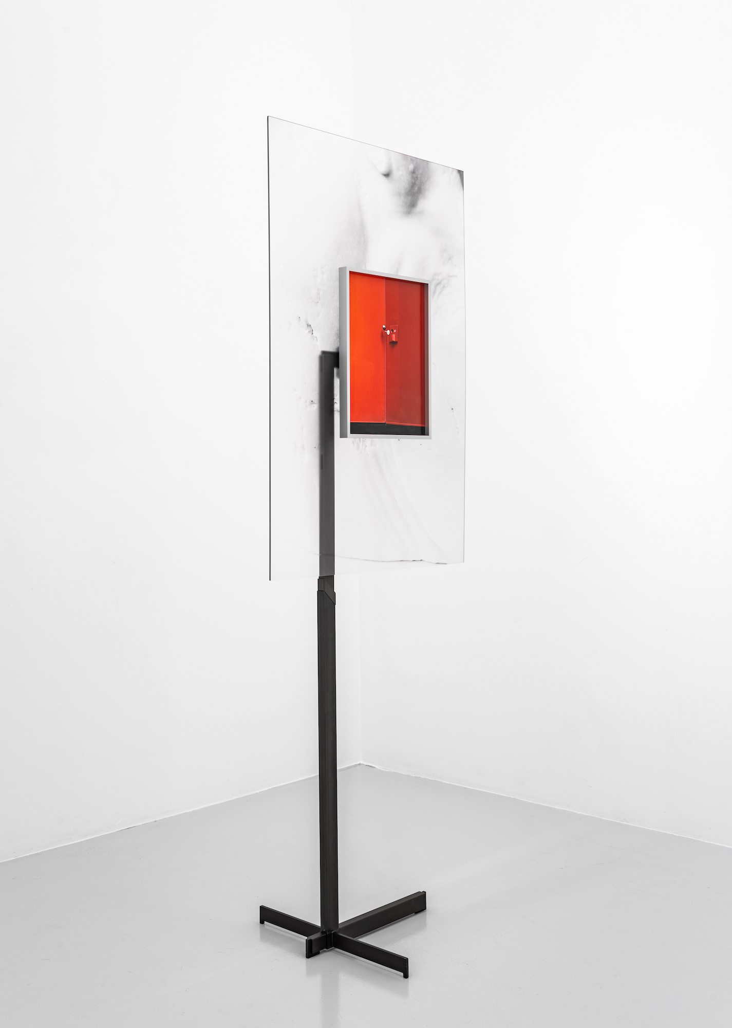 Laura Schawelka, Stand (Kunsthistorisches Museum Wien / Marble Copy Selene Horse Freud Museum London), 2024, Coat stand, plexiglas, metal, Archival Inkjet Print, framed, 197 x 71 x 50 cm, Unique
