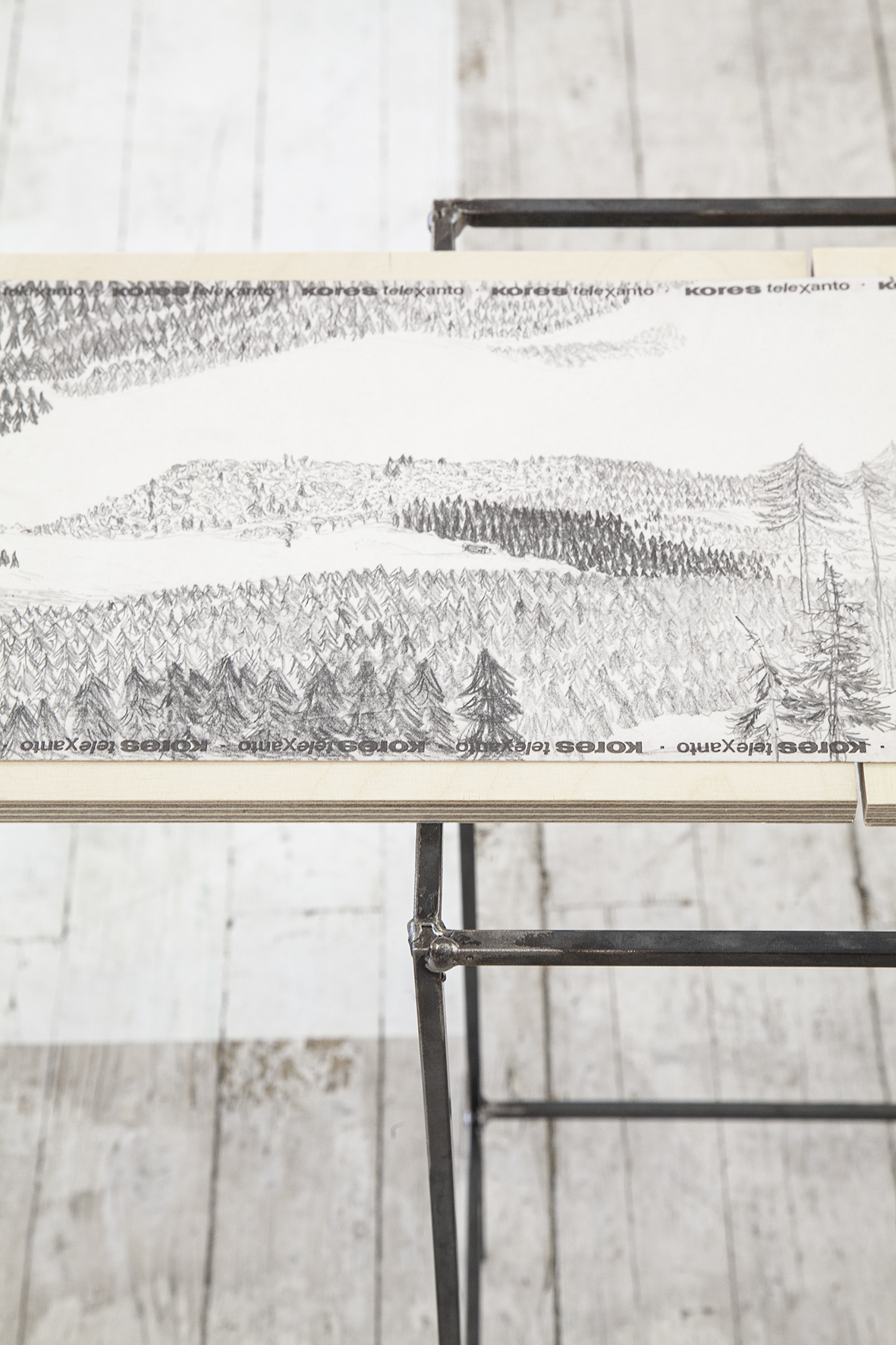Maria Bussmann; Wood-Roll (detail); pencil drawing on facsimile paper roll; 22 x 960 cm; 2012 (format of presentation: small metal tables and boards, 2024)
