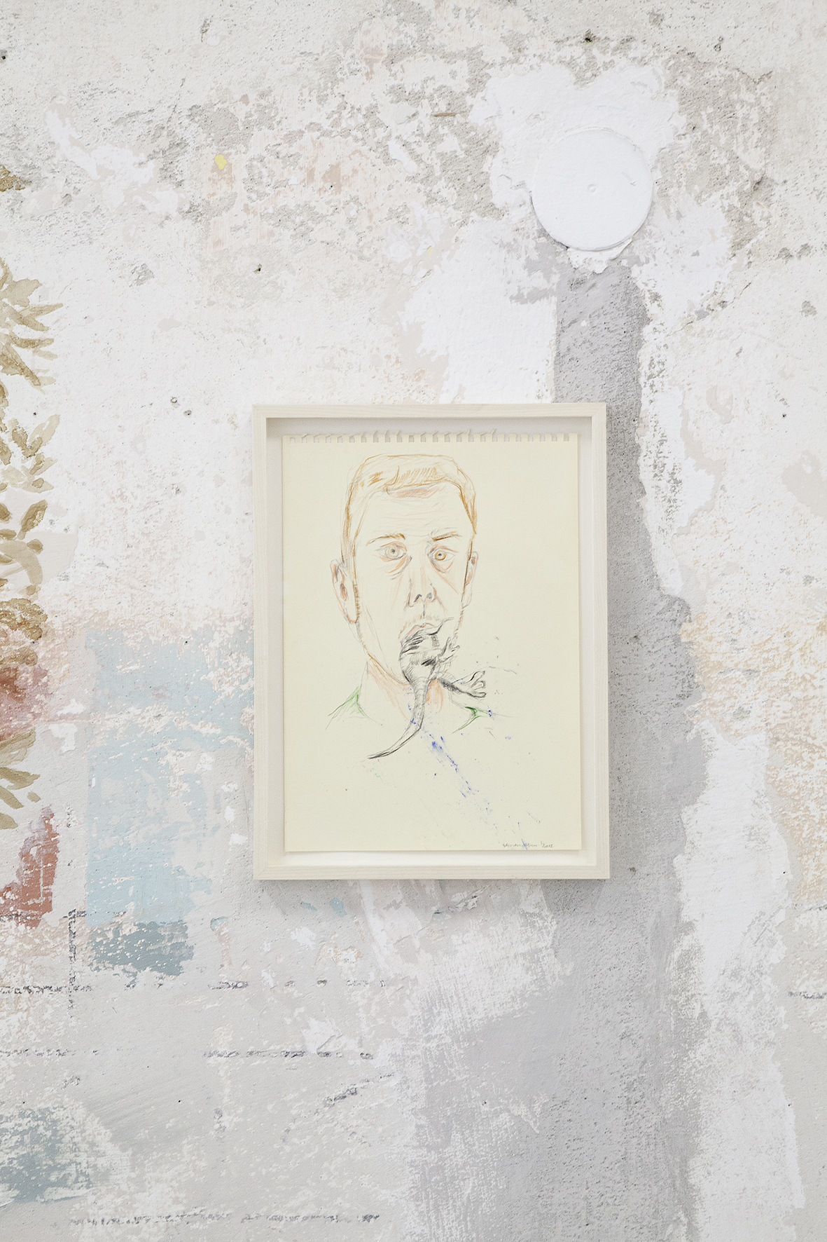 Sven Sachsalber 1987 - 2020; Self-Portrait with dinosaurs; coloured pencil; 30 x 22 cm; 2012