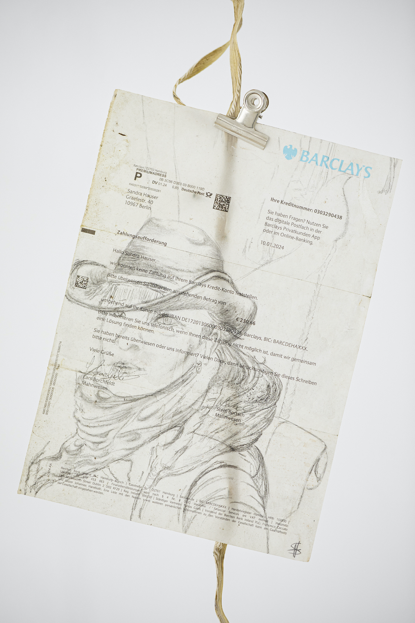 Barclays Indiana Jones. Drawing. Pencil and linseed oil on bank letter. Hunting blank cartridges, strand, found objects. 2024