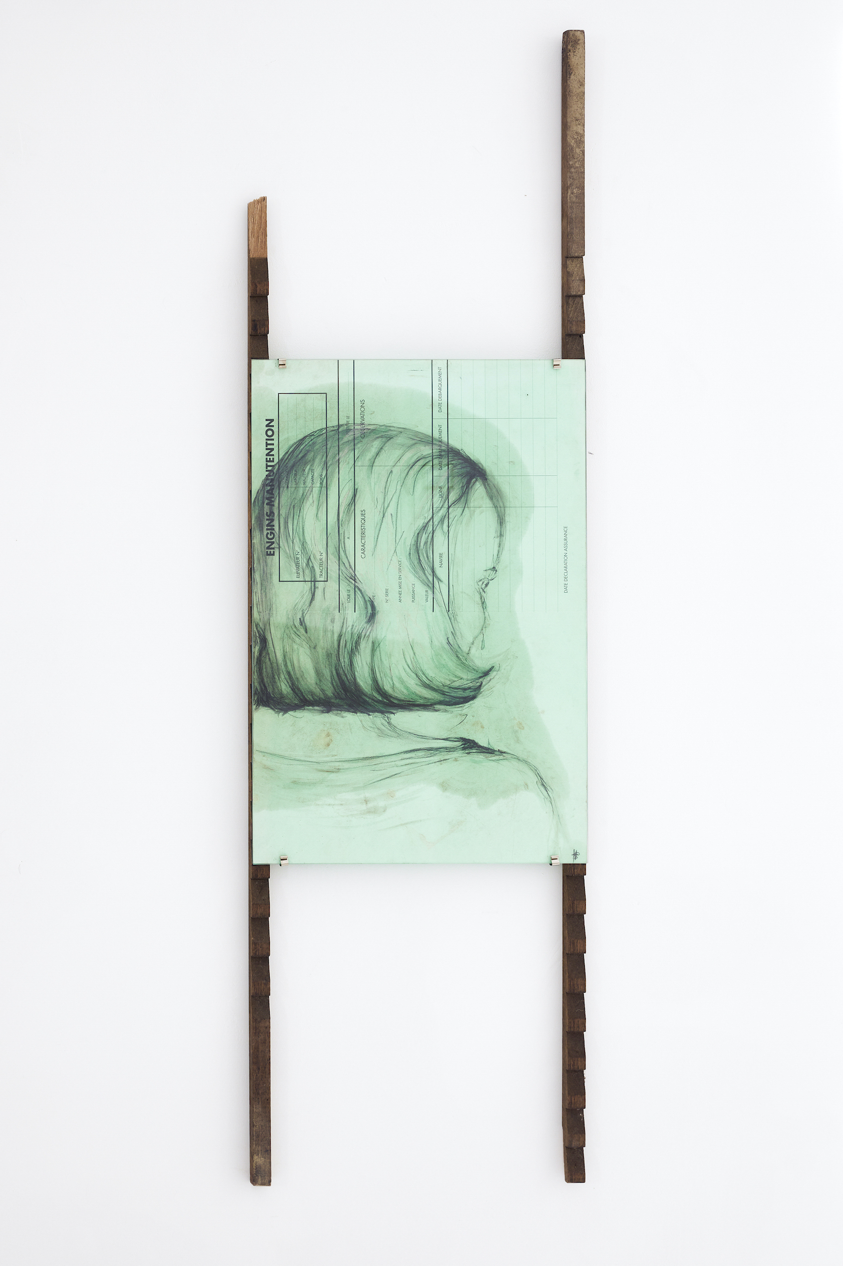 She. Drawing. Found wood, pencil, glass, found paper, linseed oil.  48x32cm. 2024