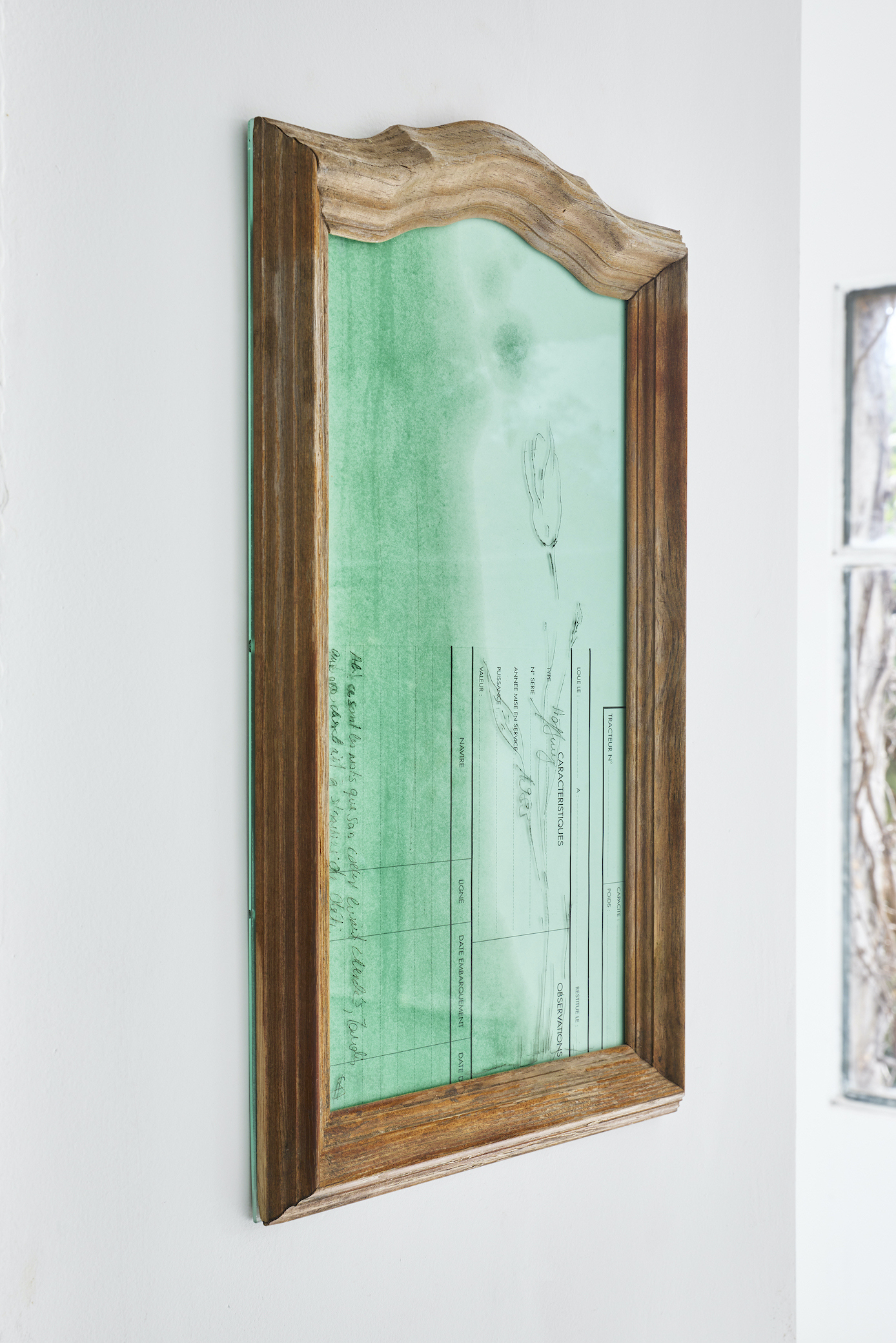 Abstract Trust Drawing (flower). Old frame, pencil on glass, found paper, linseed oil. 39x30cm. 2024