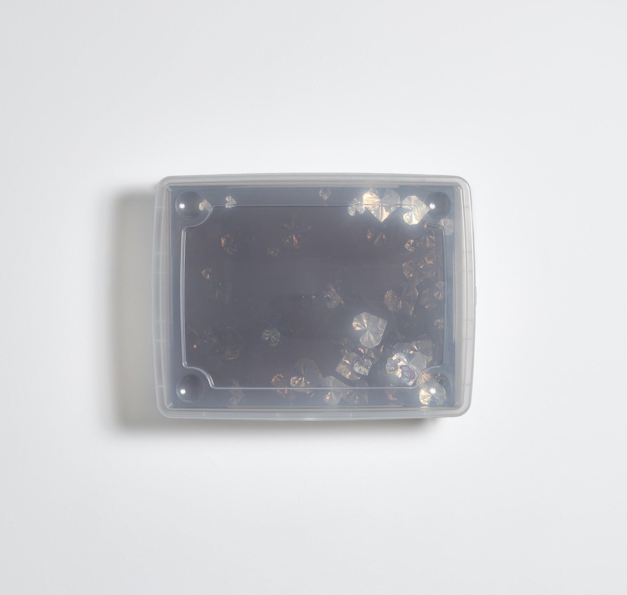 Sandra Ono, Untitled (2412), 2024 Resin, dye, origami paper, plastic container and stickers 21 x 16 x 5.75 in