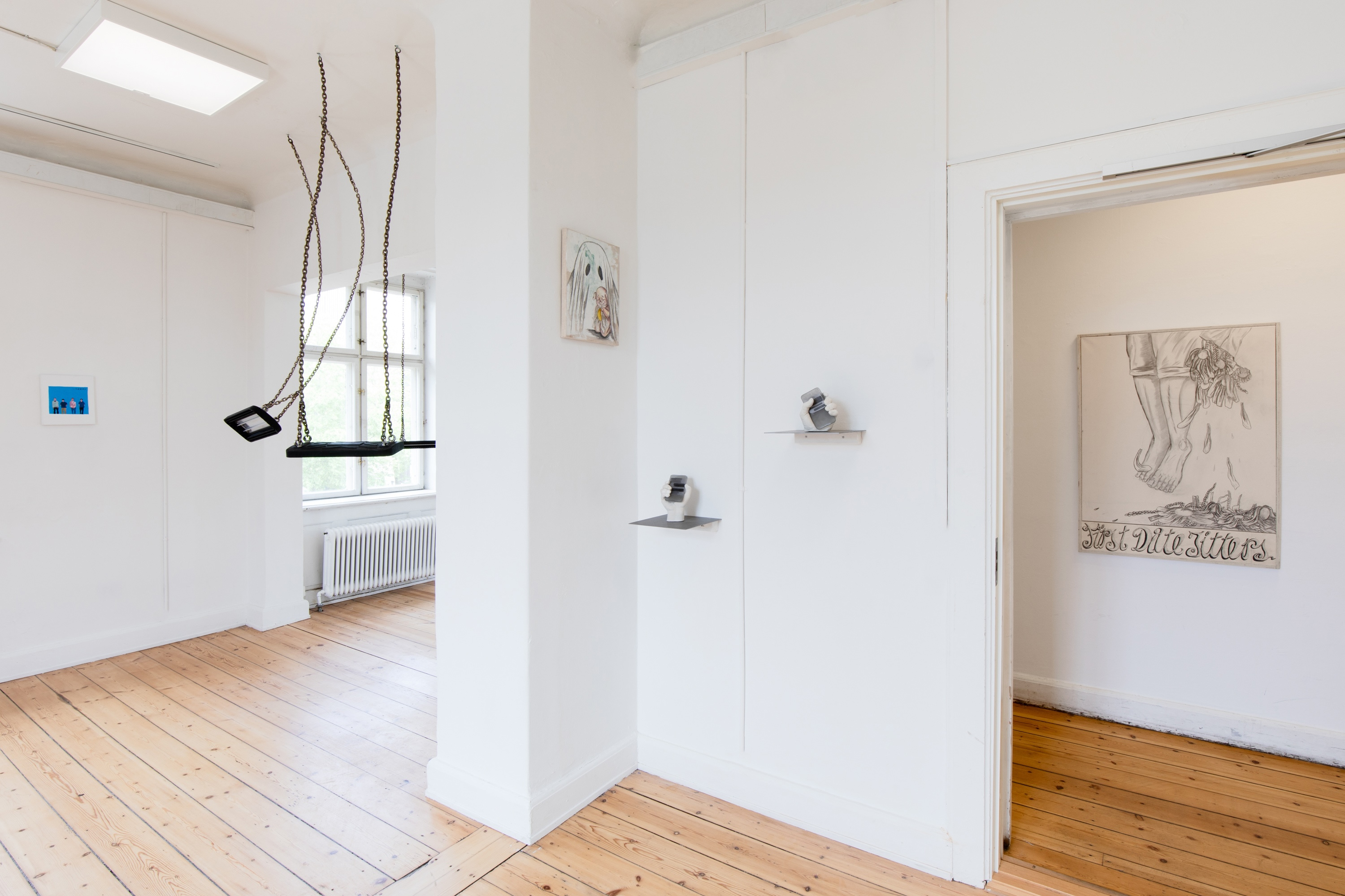 Installation view, Rasmus Niclas Rose Nielsen, Simon Fensholm, Ida Retz Wessberg, 2024, photo: Mads Holm