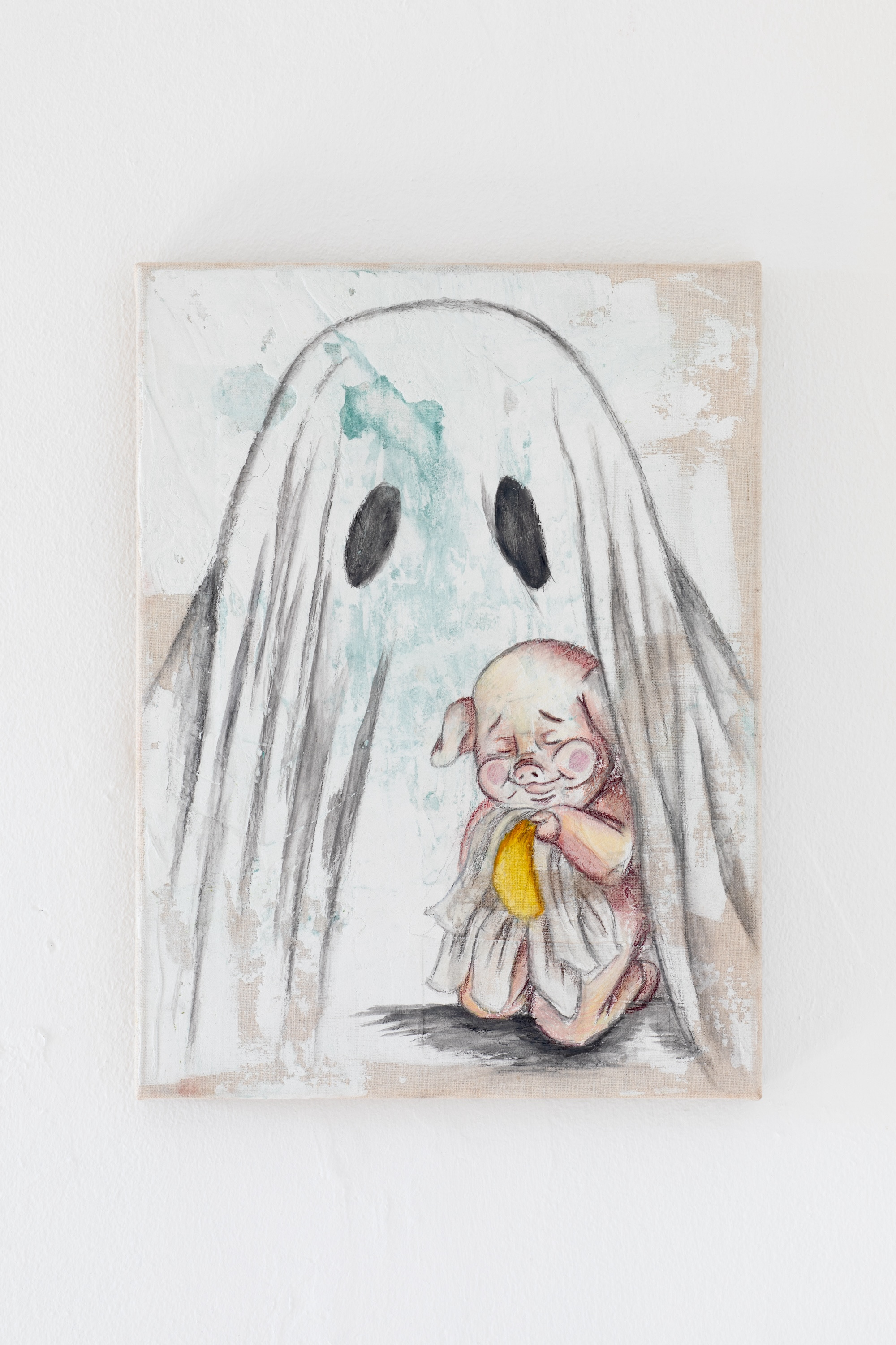Rasmus Niclas Rose Nielsen, âAnd the rest is leftoversâ, 2024, 40x30 cm, watercolour, graphite, coloured pencils, pigment and putty on canvas, photo: Mads Holm