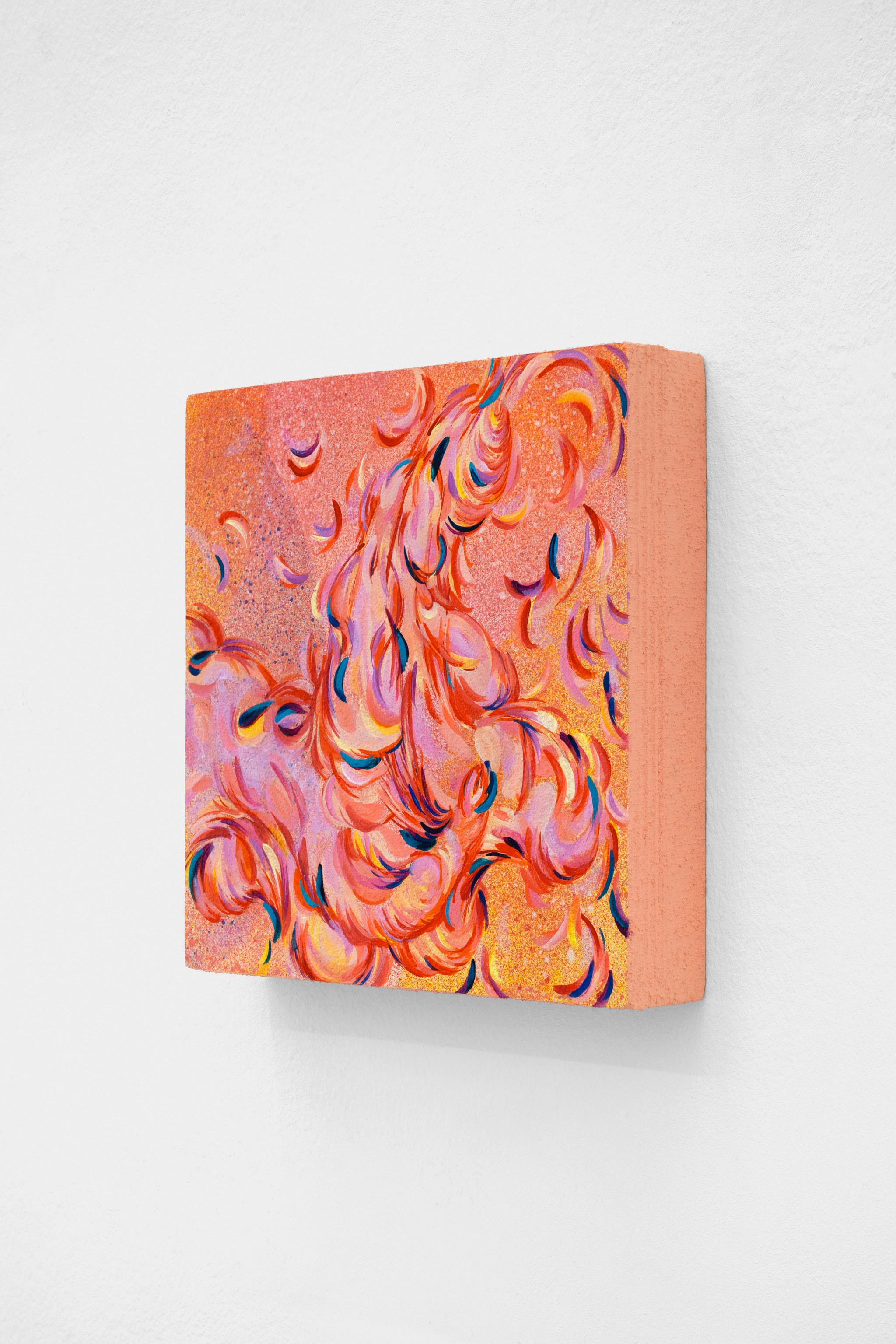 Bea Bonafini, Ablaze, 2024. Acrylic on cork mounted on wood, 25.5x25.5x4cm. Courtesy of the artist and Renata Fabbri, Milano. Ph.: Mattia Mognetti.