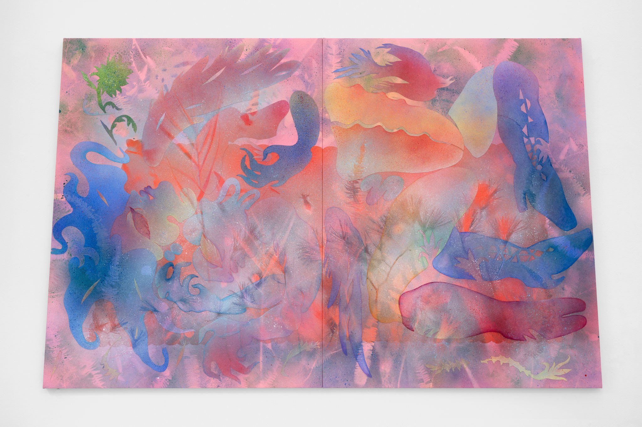 Bea Bonafini, Picnic Lunch, 2024 (diptych). Acrylic on cork mounted on wood, 240x150x3.5cm. Courtesy of the artist and Renata Fabbri, Milano. Ph.: Mattia Mognetti.