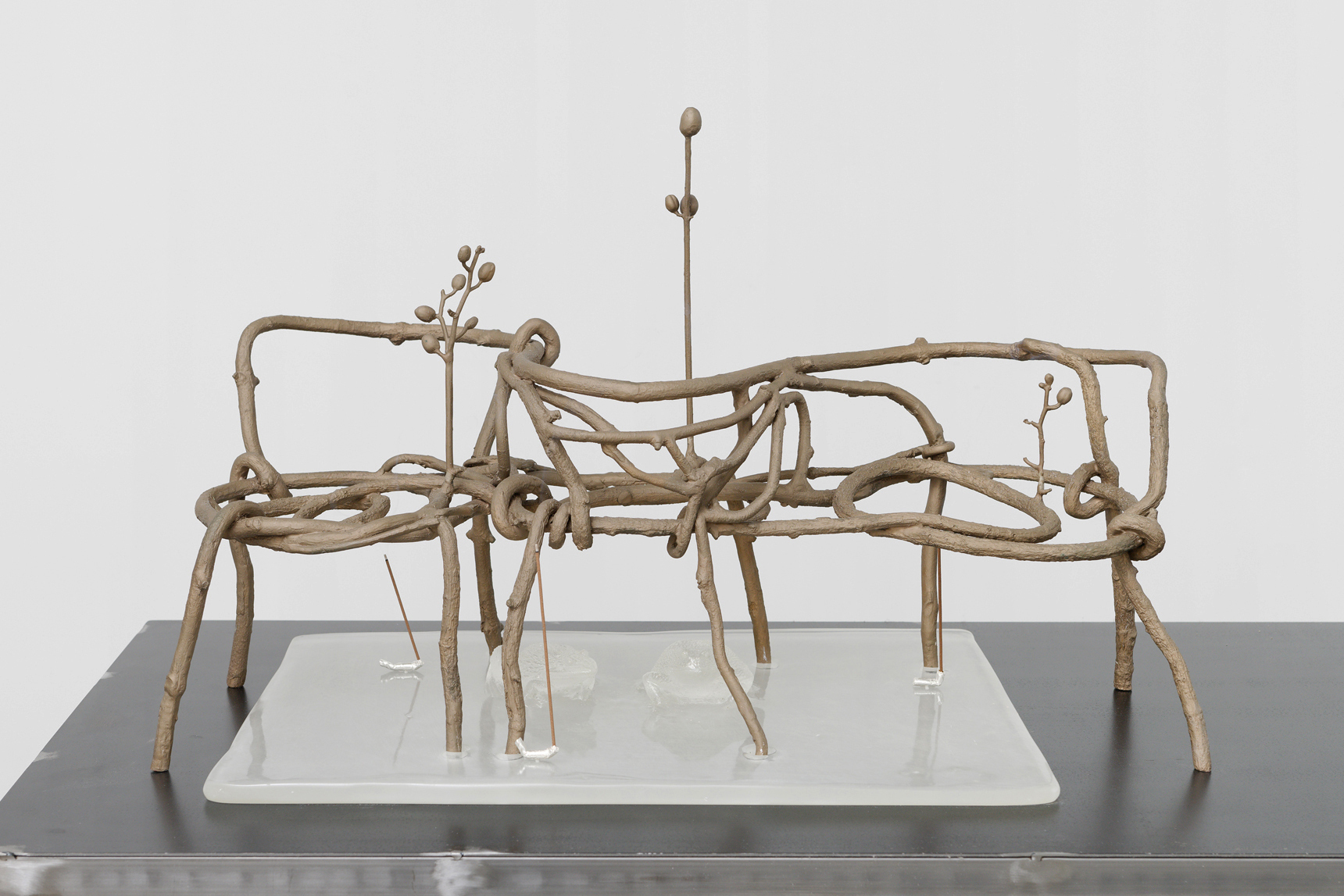 Hamish Pearch, OH!HA!, 2024, bronze, glasscast resin, silver plated bronze, incense, smoke, 43 x 74 x 37 cm, unique 