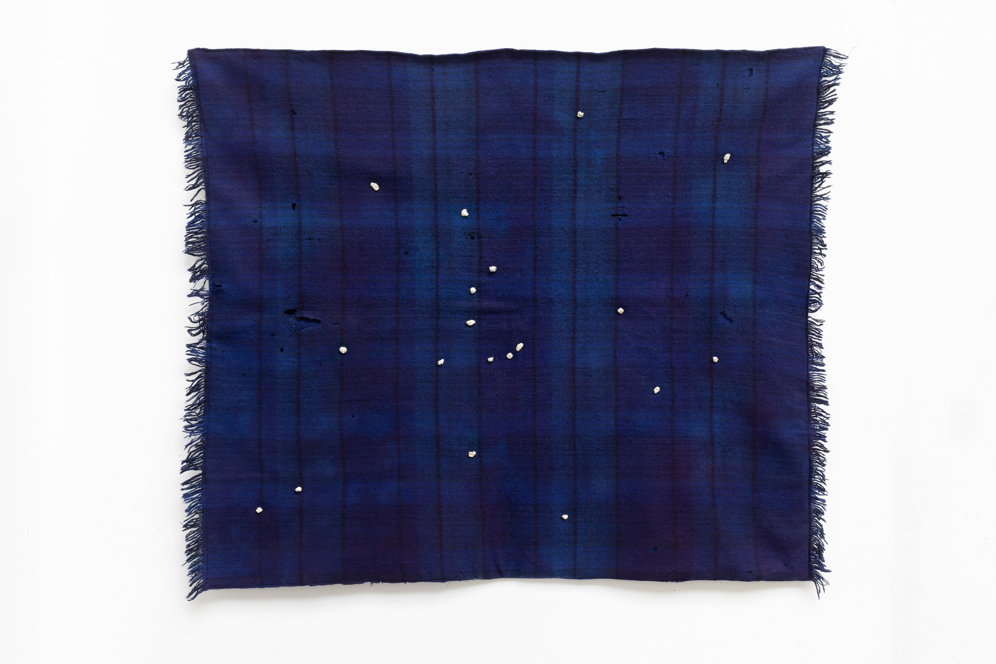 Hamish Pearch, Do not throw trash into the pond, 2024, indigo, found fabric, silver plated bronze, 105 x 123 x 2 cm, unique 