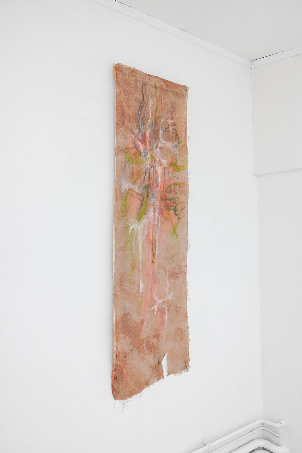 Kindness glides about my house Esther Gatón, 2024. Pastel, charcoal and paint on hand-dyed linen with natural pigments.Title comes from a verse by Silvia Plath.