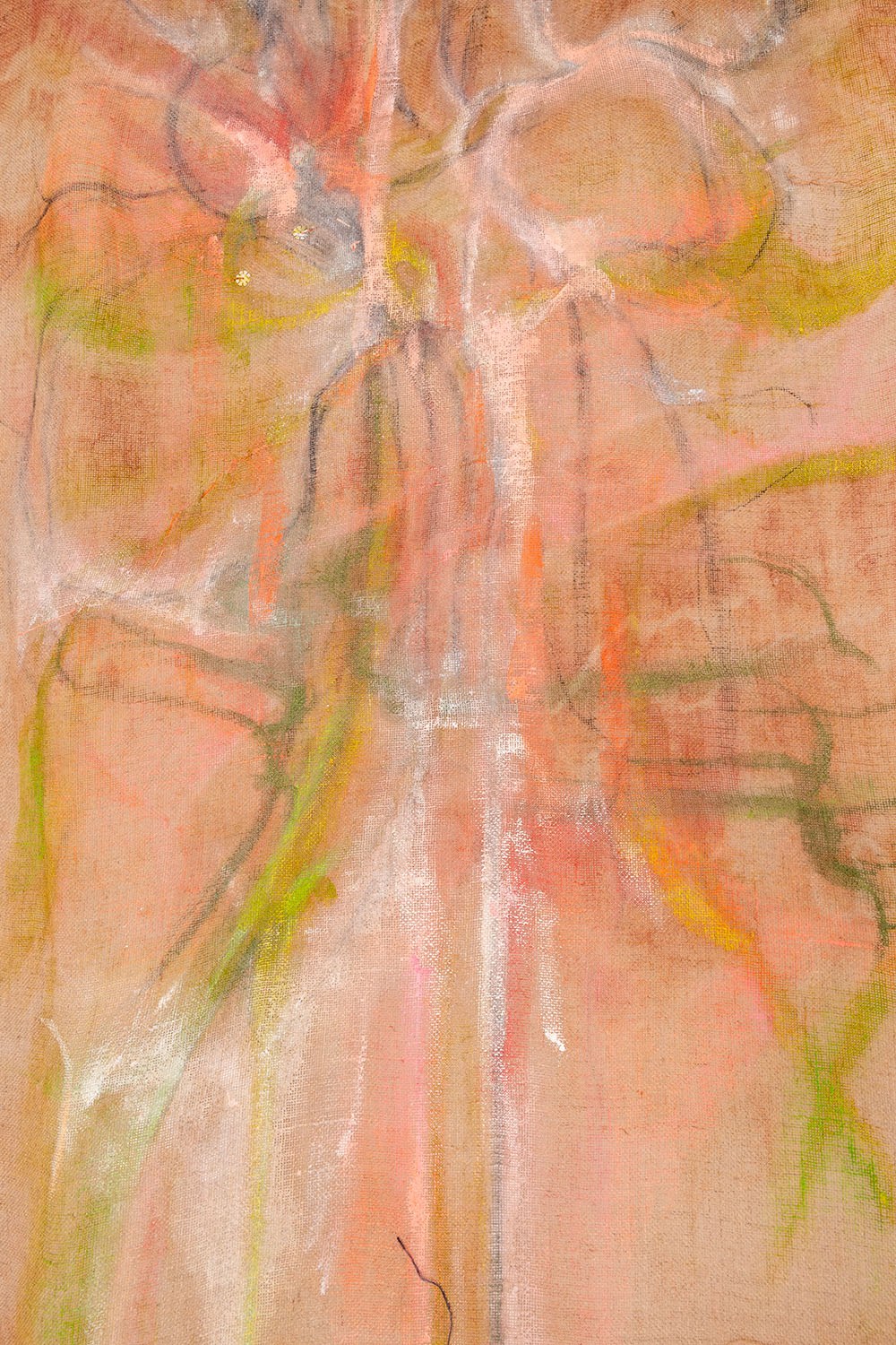 Kindness glides about my house Esther Gatón, 2024. Pastel, charcoal and paint on hand-dyed linen with natural pigments.Title comes from a verse by Silvia Plath.