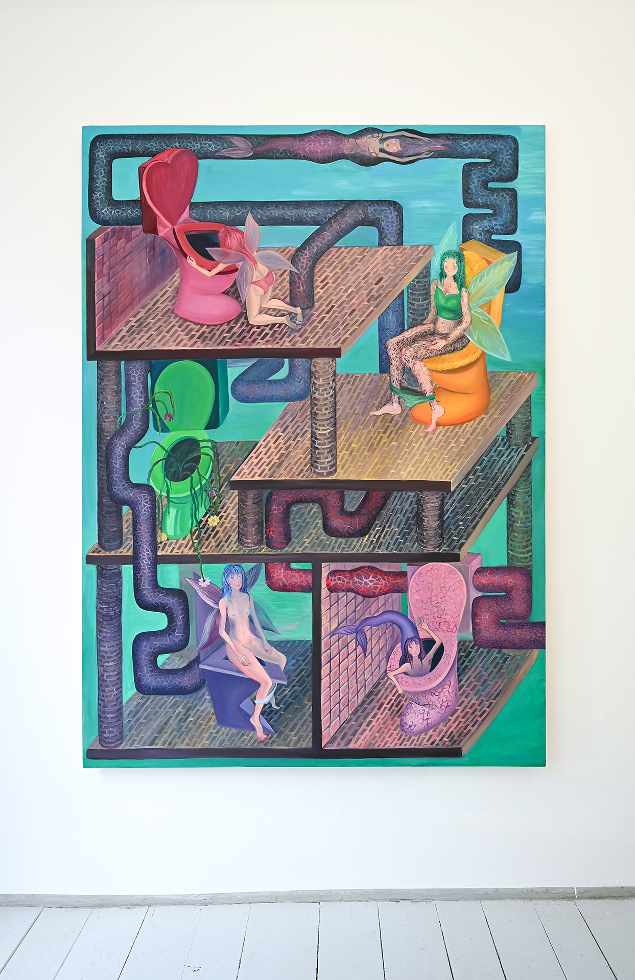 Where do these pipes run?, 2024, oil and acrylics on canvas, 170x130 cm