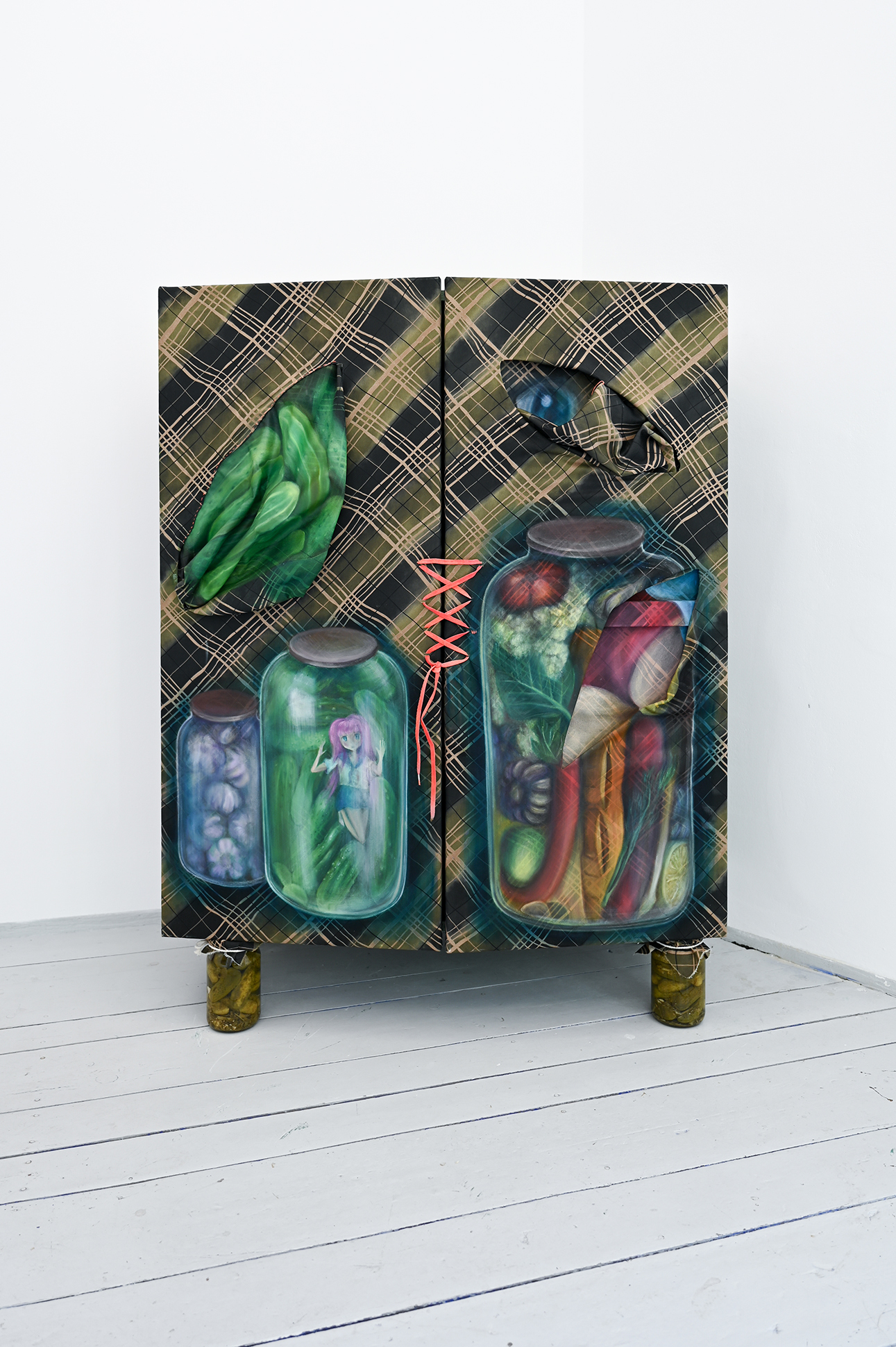 Waifu cumboard, 2022, oil on textile, carved board, lace, jars with pickled cucumbers, 145x100x45 cm
