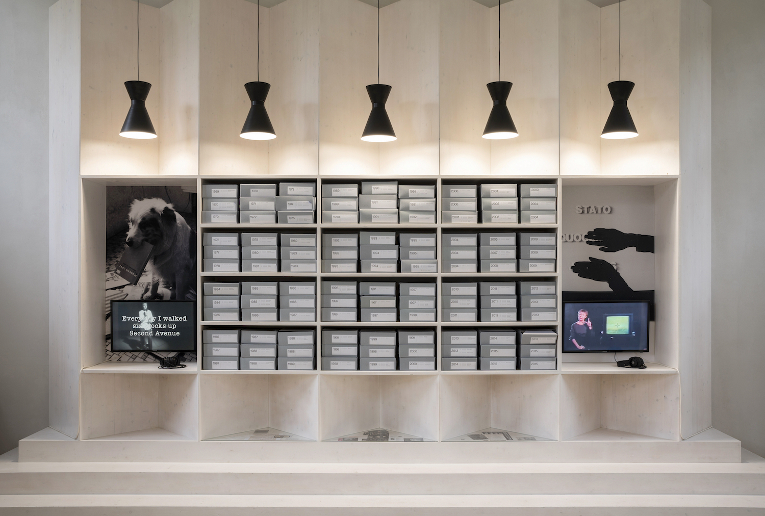 Installation view: Constance DeJong, Selected printed matter and videos, Archive Space, Kunstverein MĂĽnchen, Munich, 2024. Courtesy the artist, Bureau, New York, and Kunstverein MĂĽnchen e.V..