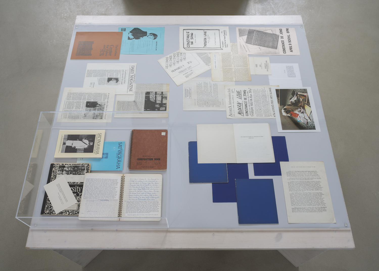 Installation view: Constance DeJong, Selected printed matter and videos, Archive Space, Kunstverein MĂĽnchen, Munich, 2024. Courtesy the artist, Bureau, New York, and Kunstverein MĂĽnchen e.V..