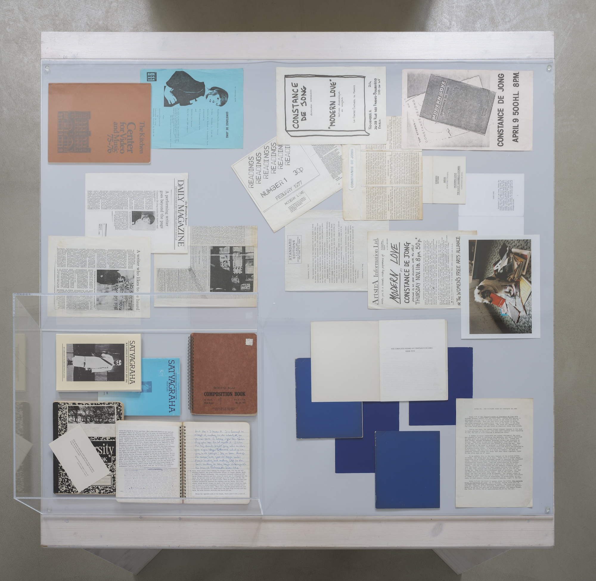 Installation view: Constance DeJong, Selected printed matter and videos, Archive Space, Kunstverein MĂĽnchen, Munich, 2024. Courtesy the artist, Bureau, New York, and Kunstverein MĂĽnchen e.V..