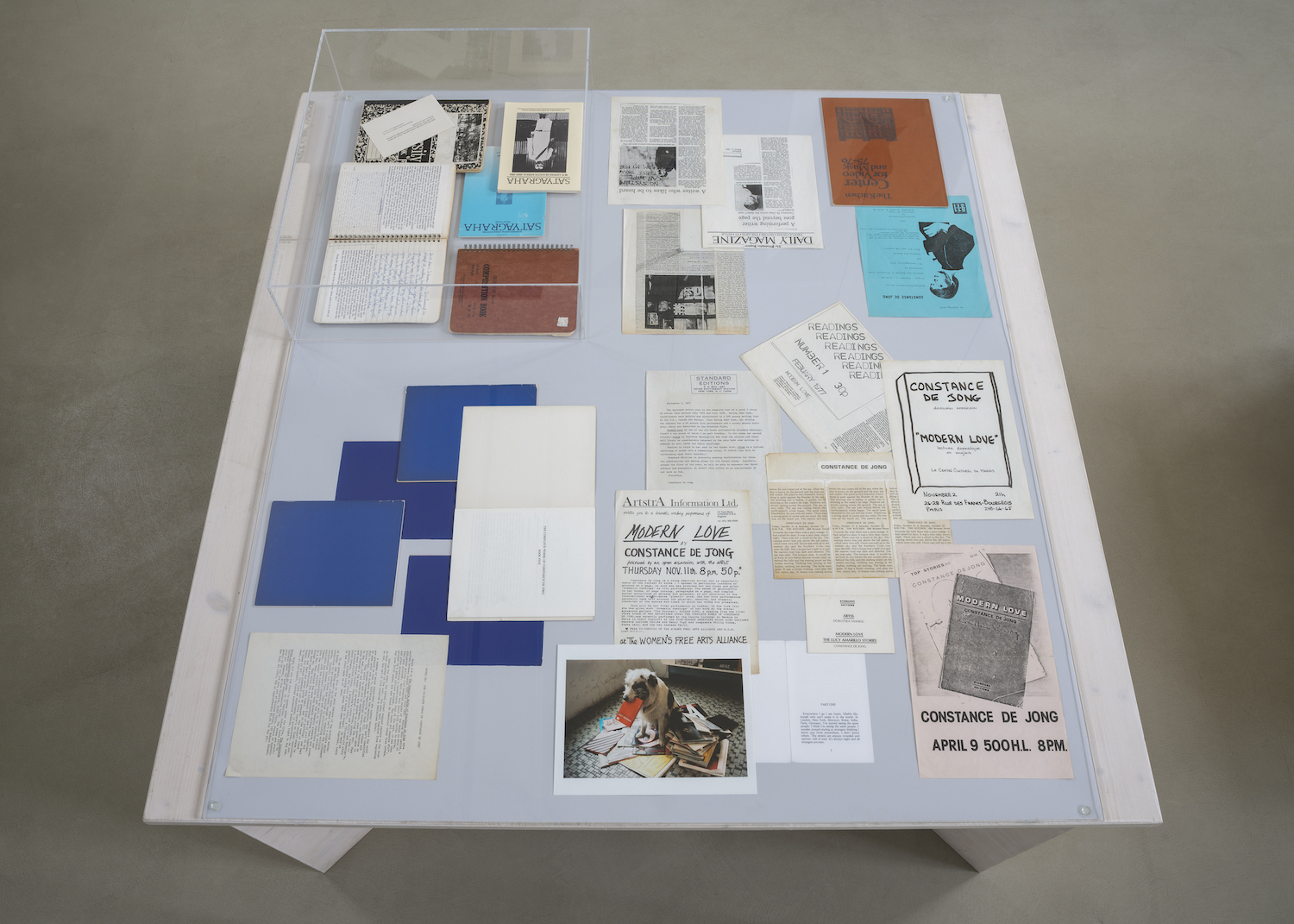 Installation view: Constance DeJong, Selected printed matter and videos, Archive Space, Kunstverein MĂĽnchen, Munich, 2024. Courtesy the artist, Bureau, New York, and Kunstverein MĂĽnchen e.V..