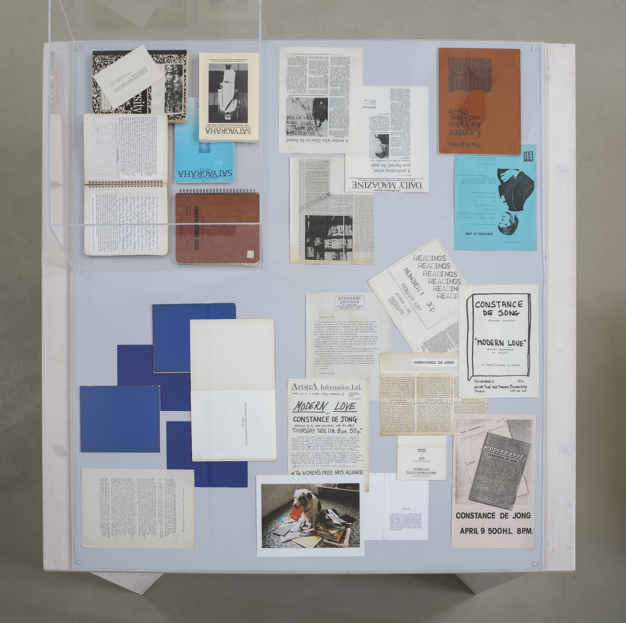 Installation view: Constance DeJong, Selected printed matter and videos, Archive Space, Kunstverein MĂĽnchen, Munich, 2024. Courtesy the artist, Bureau, New York, and Kunstverein MĂĽnchen e.V..