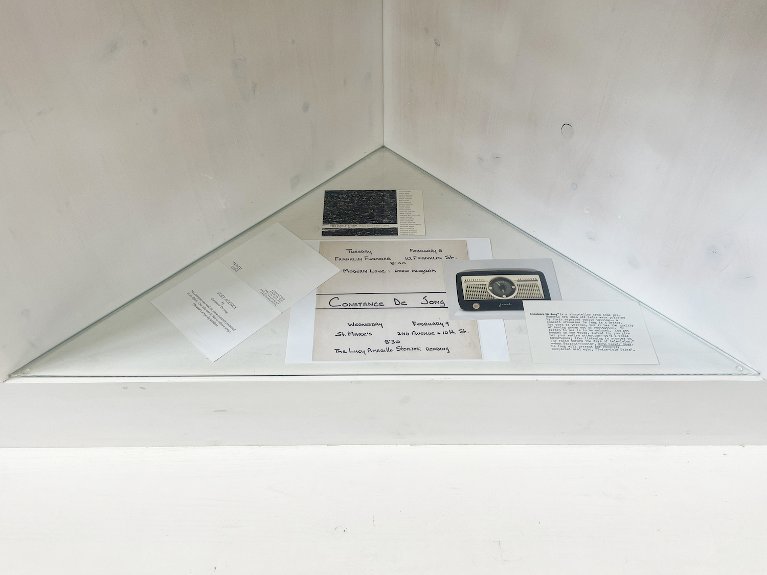 Installation view: Constance DeJong, Selected printed matter and videos, Archive Space, Kunstverein MĂĽnchen, Munich, 2024. Courtesy the artist, Bureau, New York, and Kunstverein MĂĽnchen e.V..