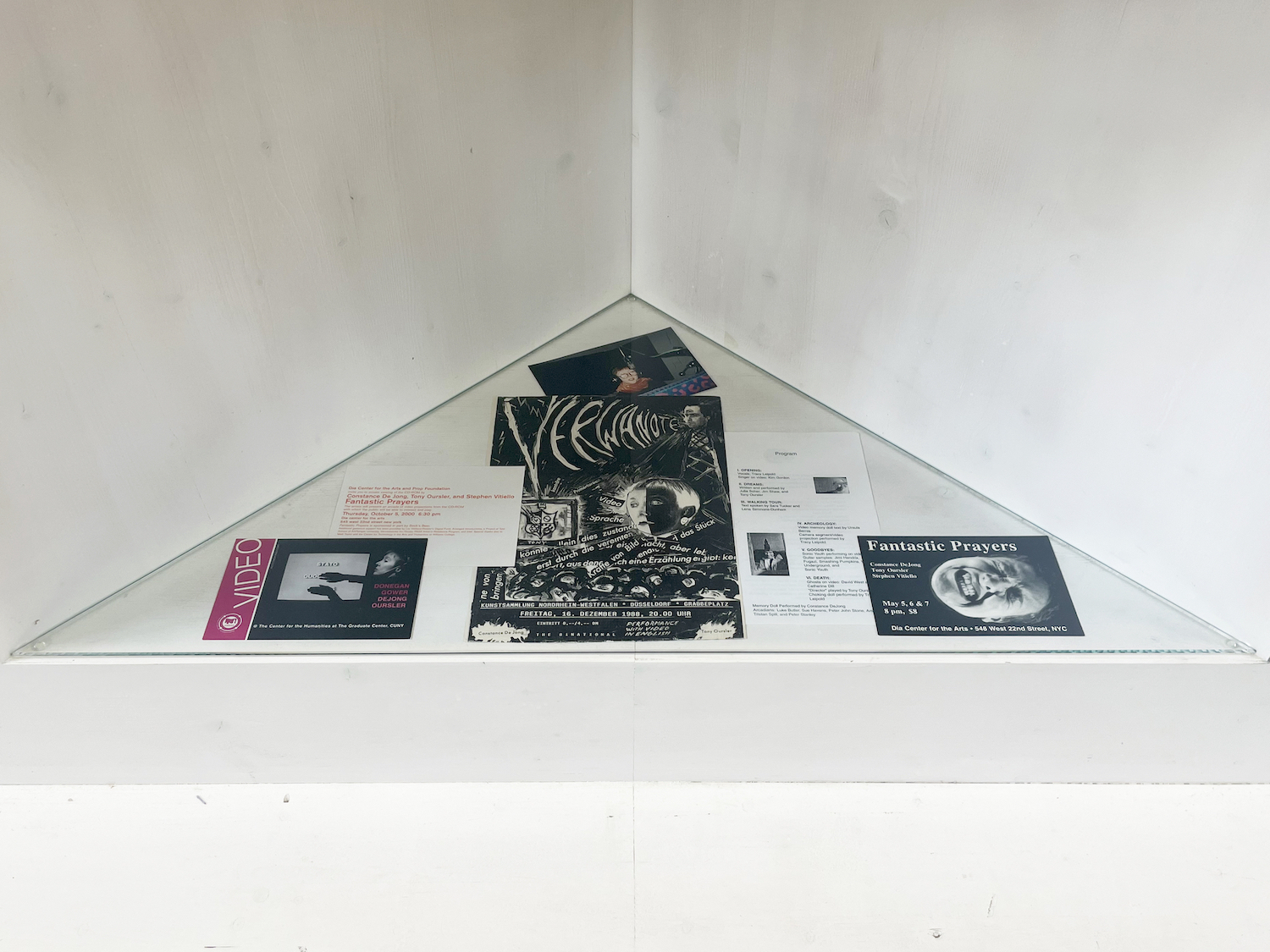 Installation view: Constance DeJong, Selected printed matter and videos, Archive Space, Kunstverein MĂĽnchen, Munich, 2024. Courtesy the artist, Bureau, New York, and Kunstverein MĂĽnchen e.V..