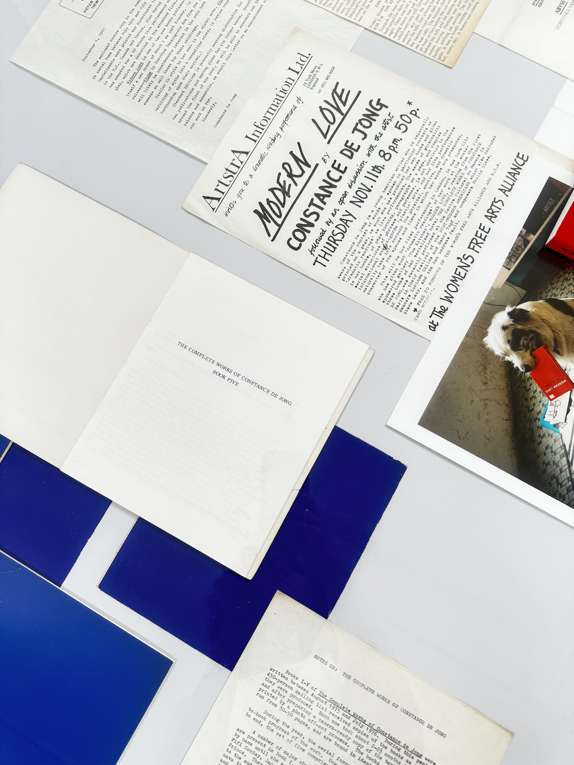 Installation view: Constance DeJong, Selected printed matter and videos, Archive Space, Kunstverein MĂĽnchen, Munich, 2024. Courtesy the artist, Bureau, New York, and Kunstverein MĂĽnchen e.V..