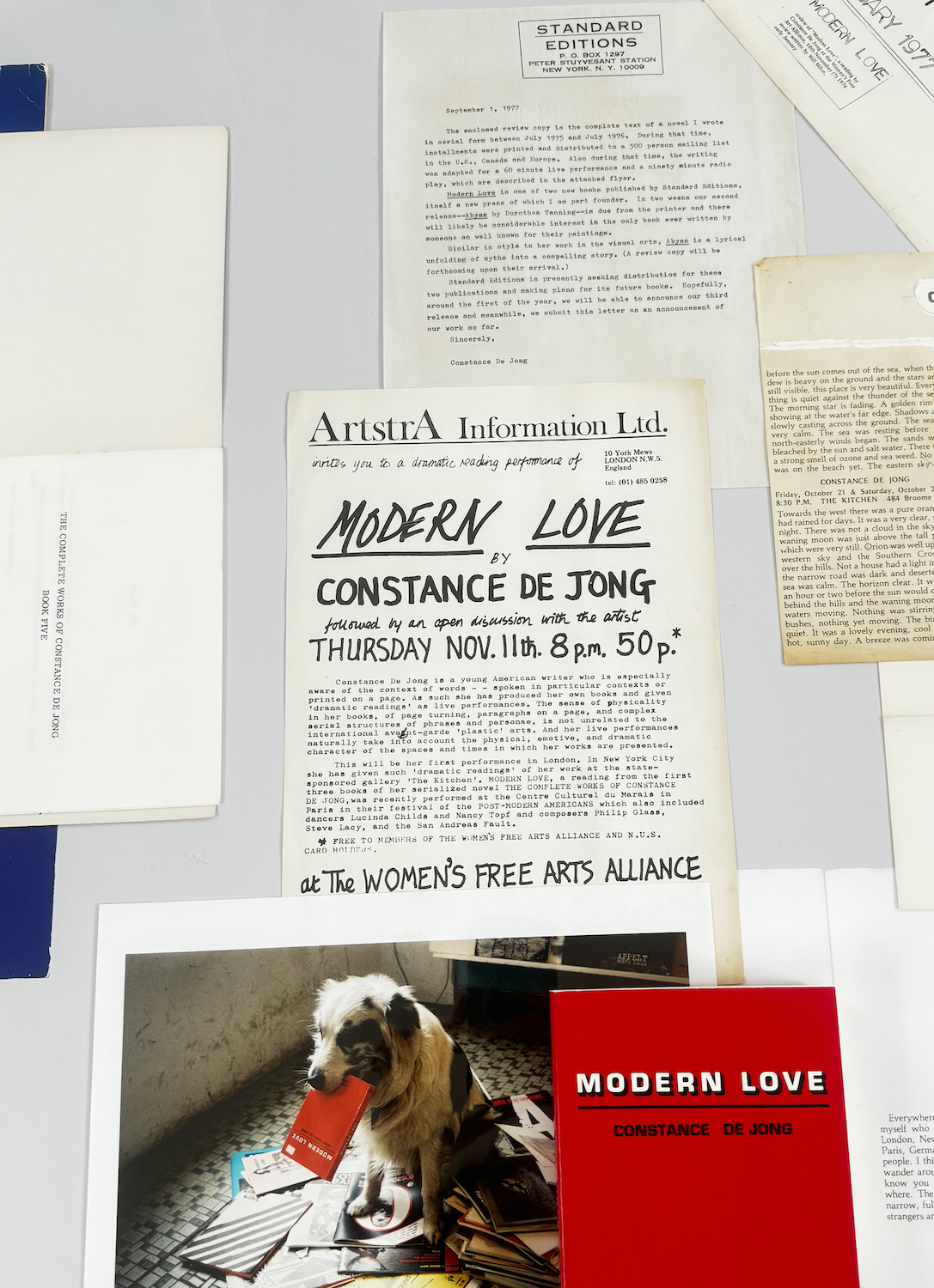 Installation view: Constance DeJong, Selected printed matter and videos, Archive Space, Kunstverein MĂĽnchen, Munich, 2024. Courtesy the artist, Bureau, New York, and Kunstverein MĂĽnchen e.V..