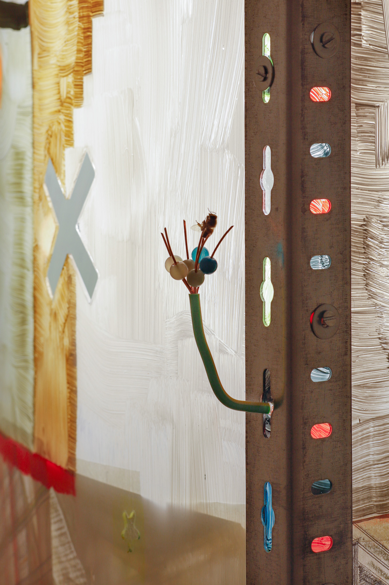 Clément Faydit & Rozenn Voyer, La Face (la Tour) (detail), 2024, acrylic paint on plexiglass, neon lights, cables, beads, tape. Photo: Bruno Silva. La Face was created with the support of the Fondation des Artistes.