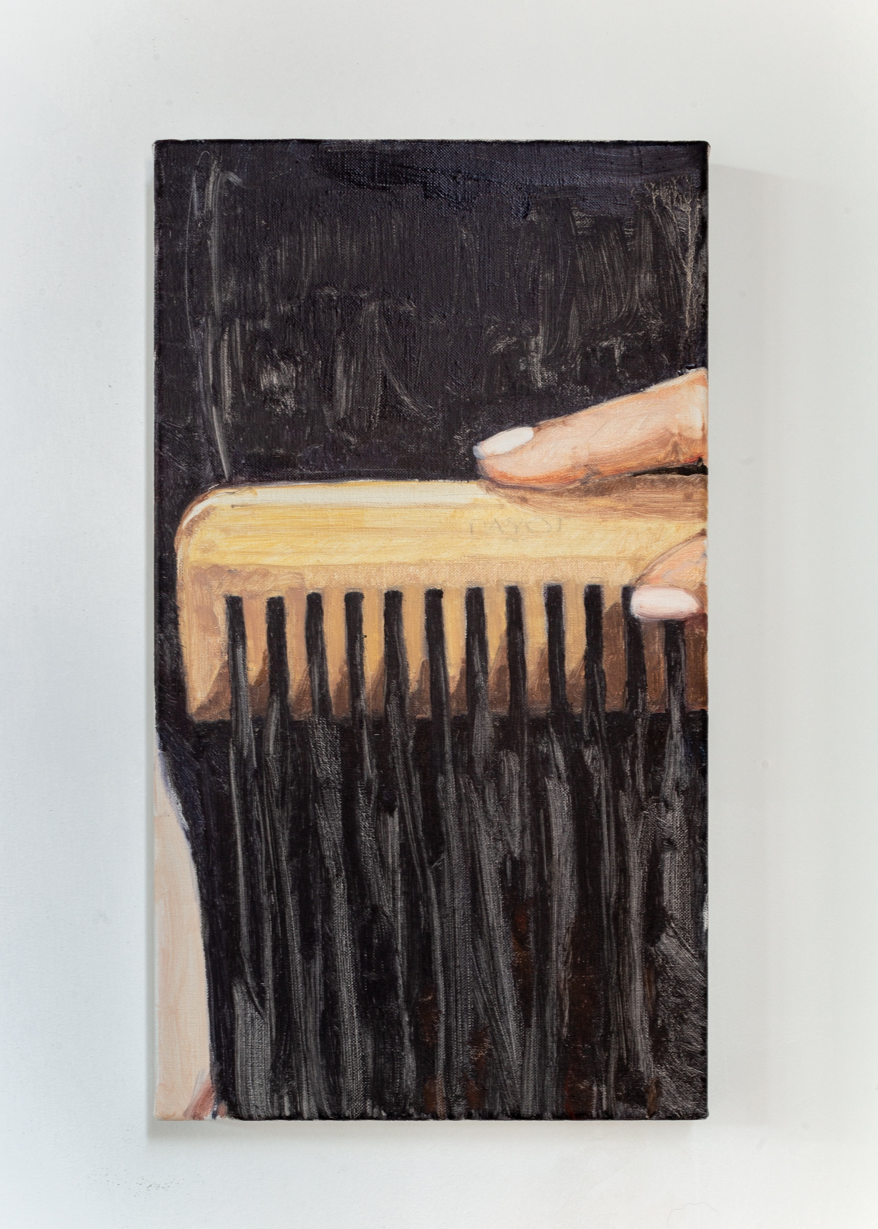 "Hair care III" by Dominique Bradbury. Oil on canvas, 55 x 31 cm, 2024