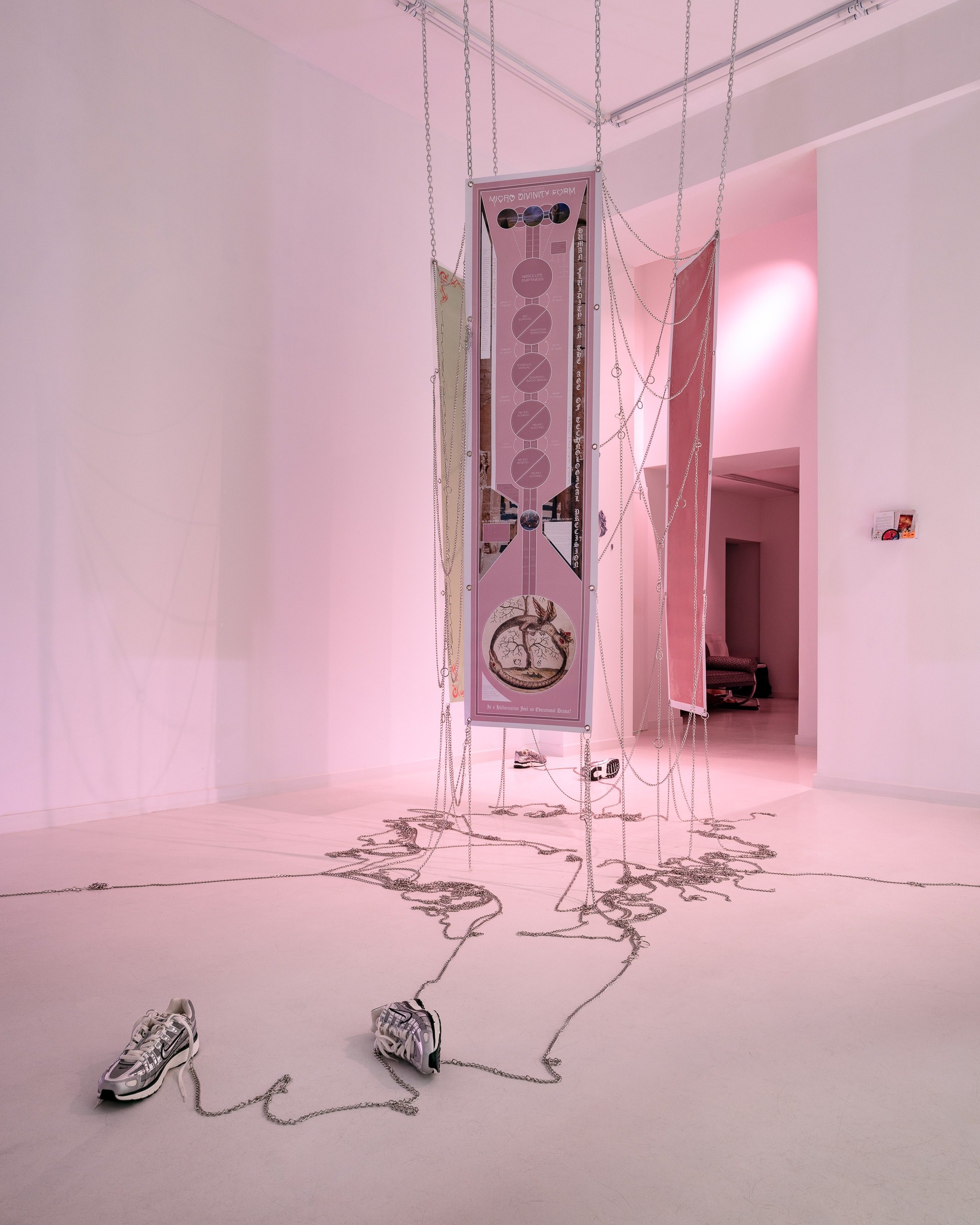 Omsk Social Club, "Chapel Perilous" from "S.M.I2.L.E." â A Trip Into Synthesia" (detail), 2019, materials include vinyl banners, metal chains, Nike trainers, dimensions variable, photo by Szymon Sokolowski