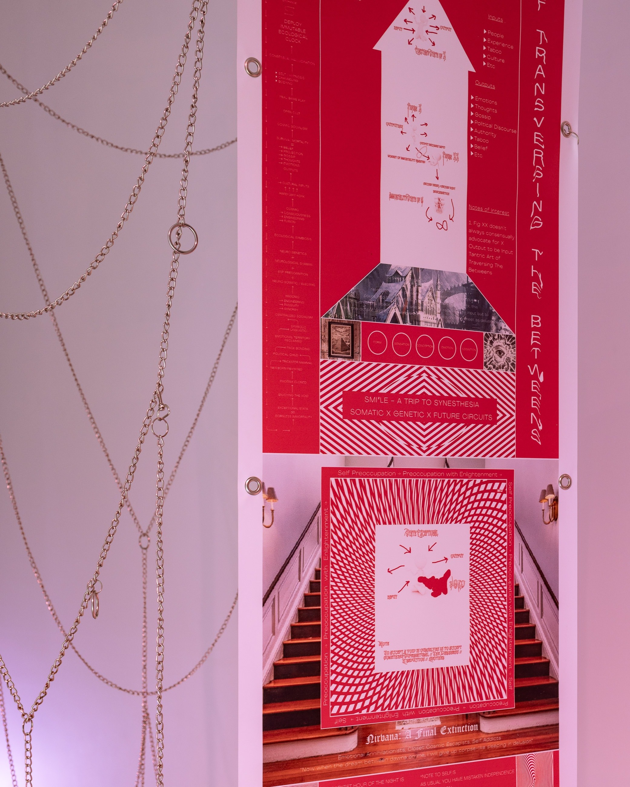 Omsk Social Club, "Chapel Perilous" from "S.M.I2.L.E." â A Trip Into Synthesia" (detail), 2019, materials include vinyl banners, metal chains, Nike trainers, dimensions variable, photo by Szymon Sokolowski