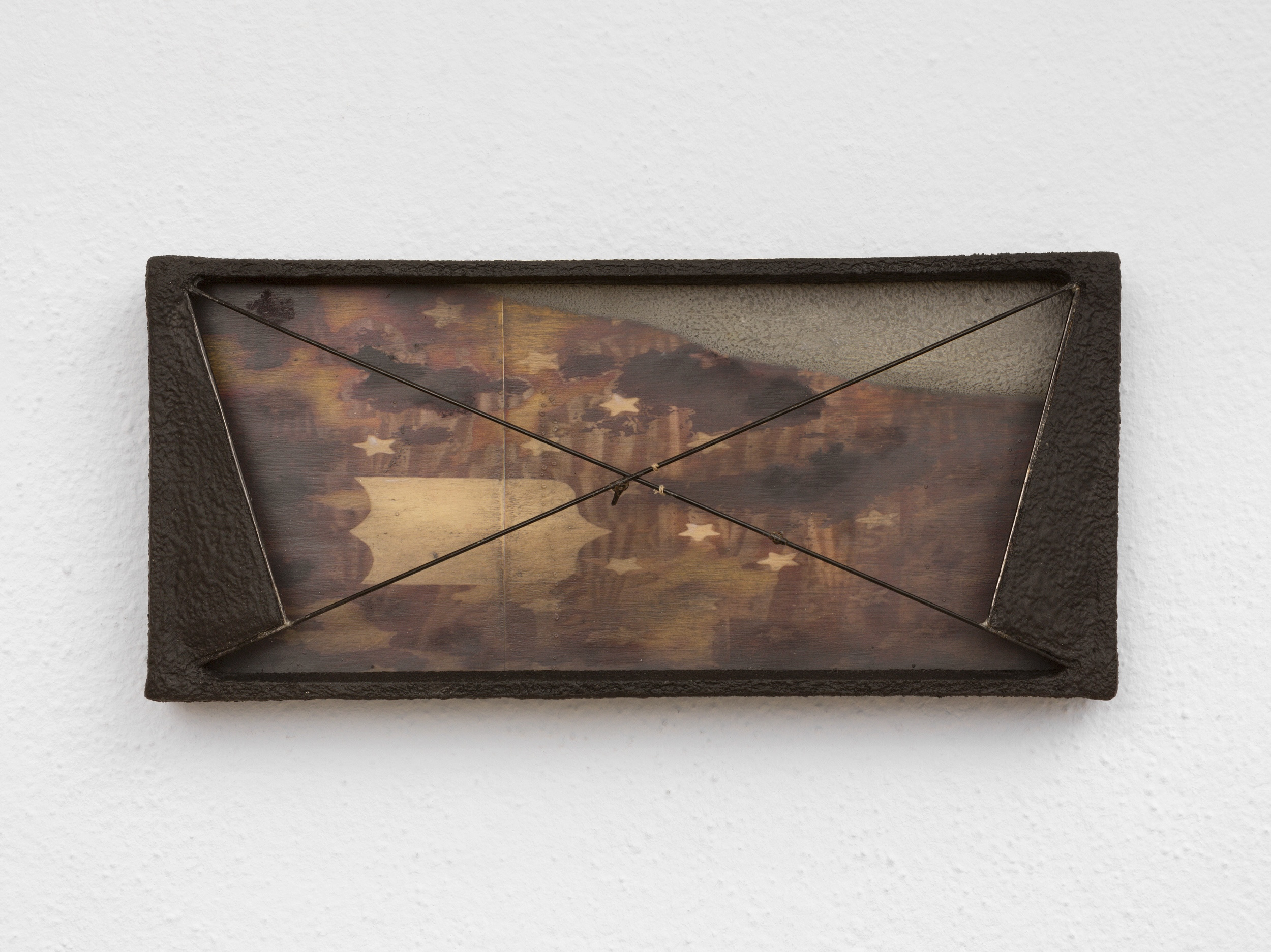 Clémence de La Tour du Pin "Untitled, 2024," Oil paint, wax, pigment, umbrella rib,and print on wood, 19 x 42 x 10 cm