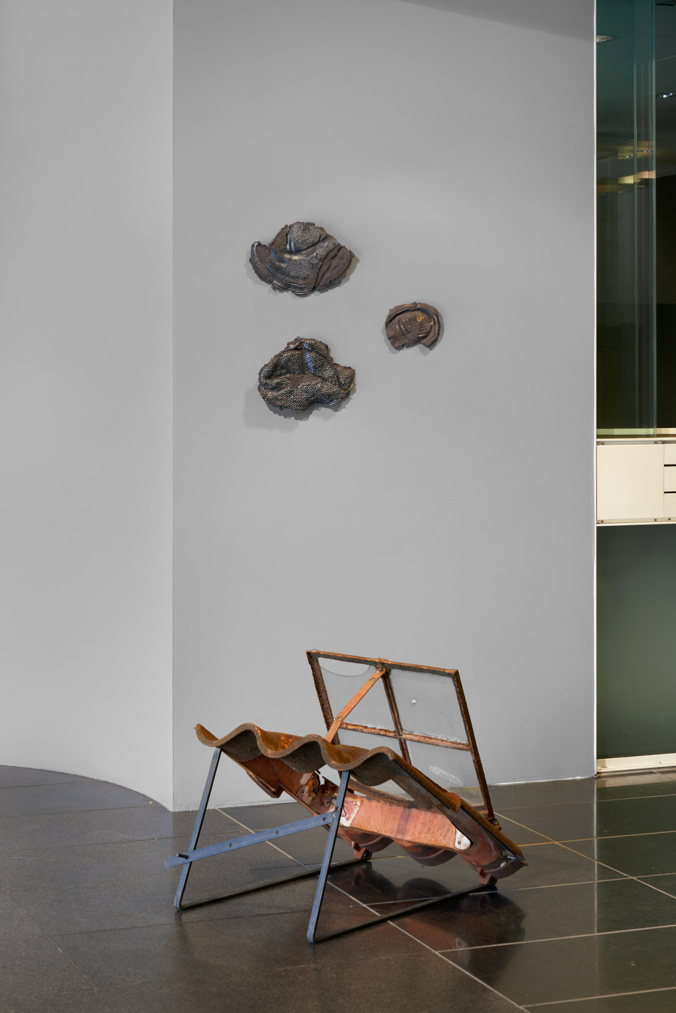OBJECT-AS-SCENE 2023-24 Reshopped roof window, iron. NEBULA 2024 Glazed stoneware, iron thread. PAPER PLATE ATOM 2023 Glazed stoneware, iron thread. CLUSTER OF PROMISES 2024 Glazed stoneware, iron thread