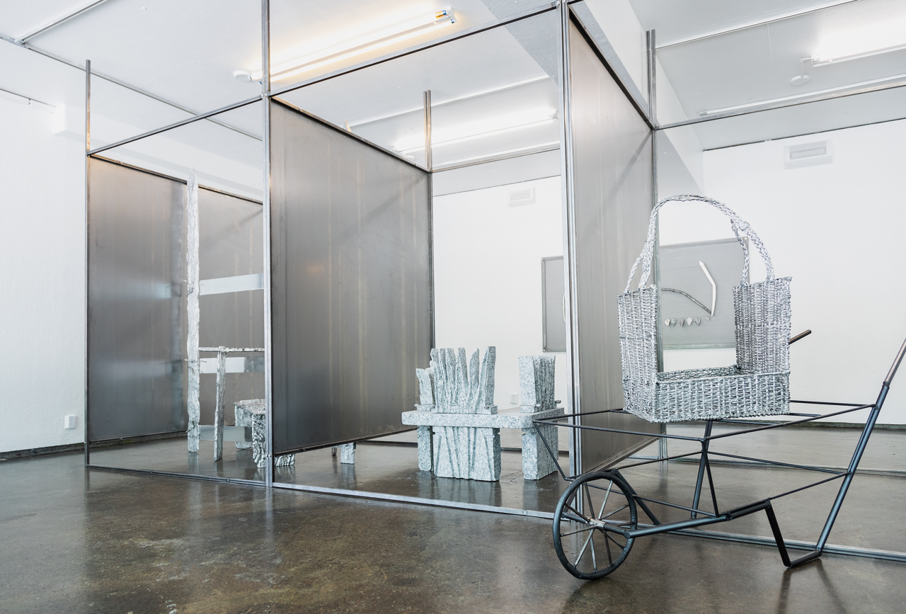 Maija Fox âways that roam usâ installation; casted aluminium, buttercups, forged steel, blue roll