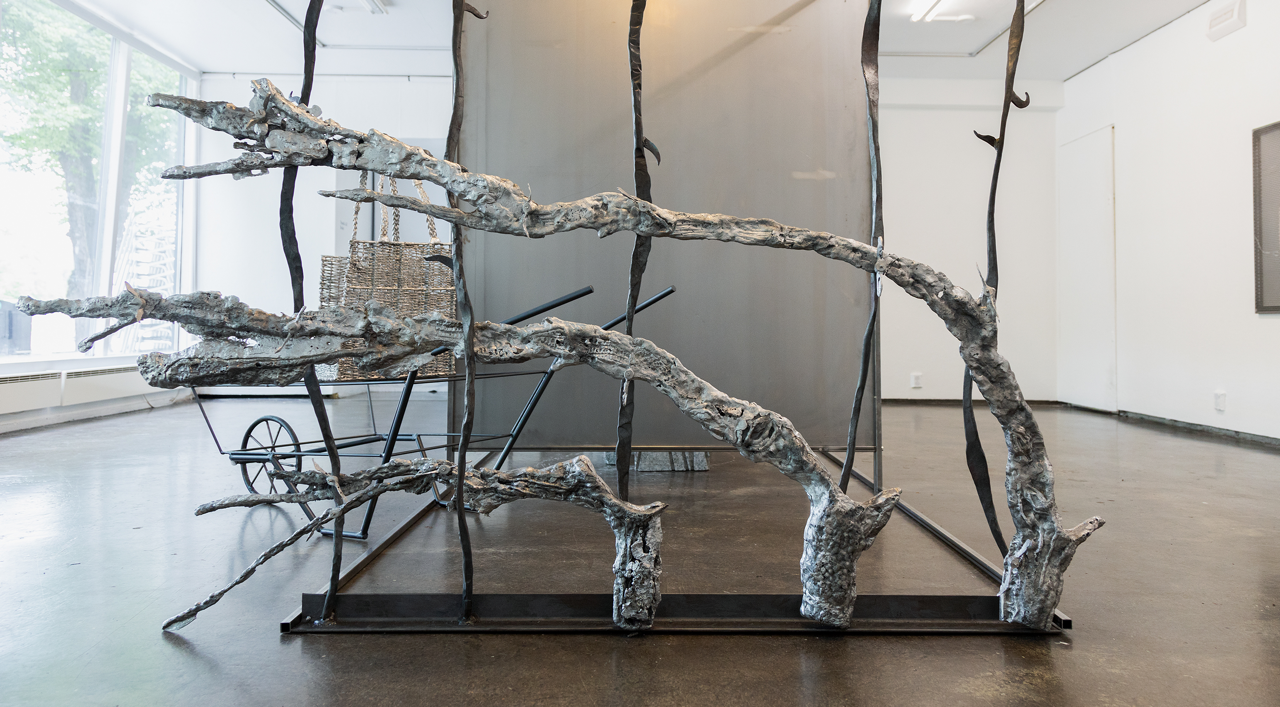 Maija Fox âways that roam usâ installation; casted aluminium, buttercups, forged steel, blue roll