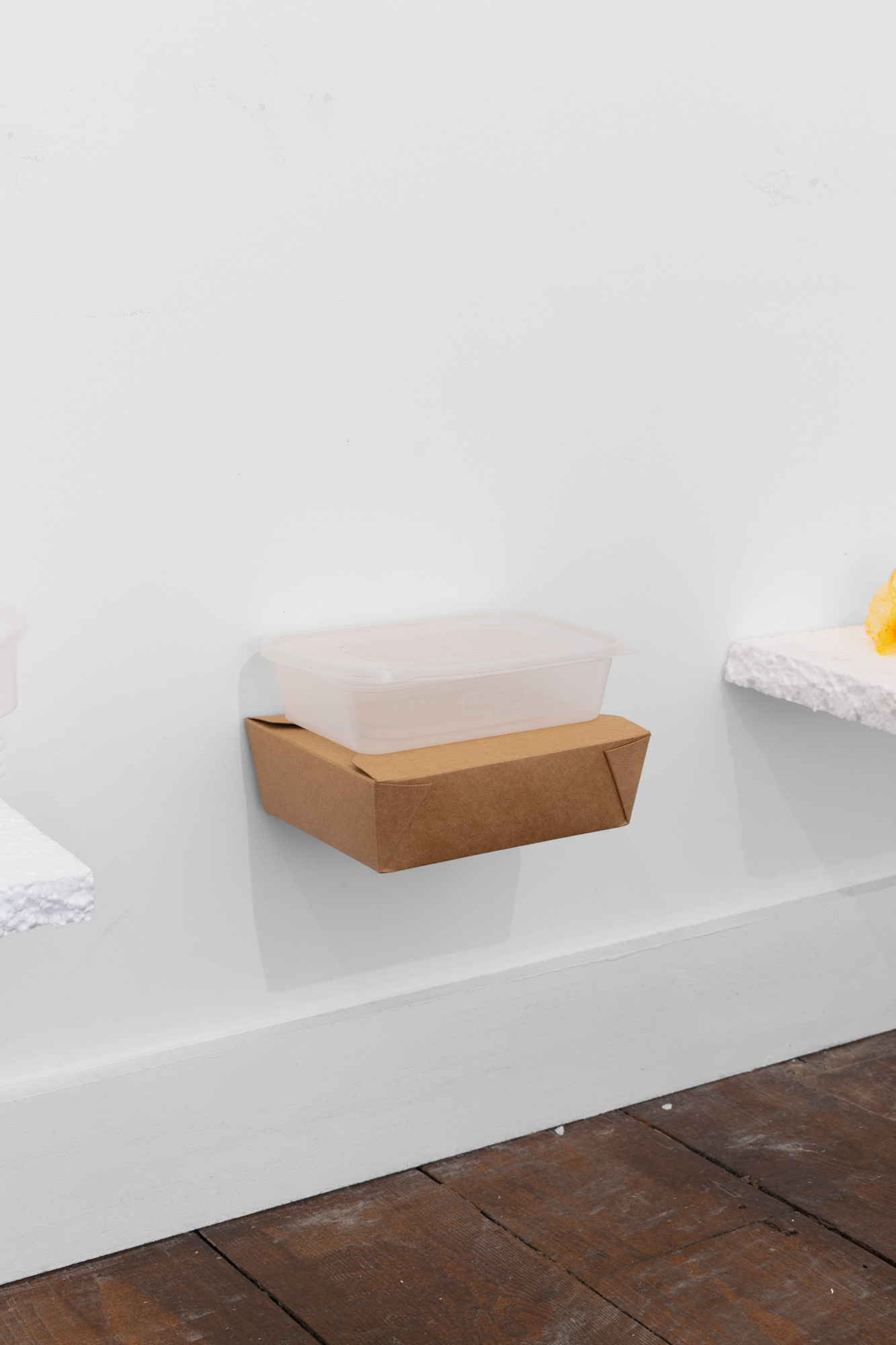 Unexpected response (Unit 2), Hilda Kortei, Used plastic takeaway container with lid, cardboard takeaway container, 10 x 17 x 14 cm, 2024