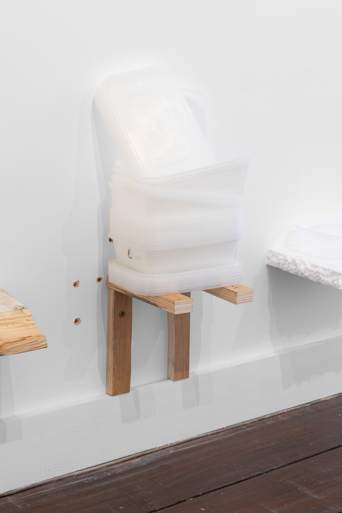 Premeditated response (Unit 7), Hilda Kortei, Used plastic takeaway containers with lids, wood, pencil markings, holes, 46 x 18 x 16 cm, 2024