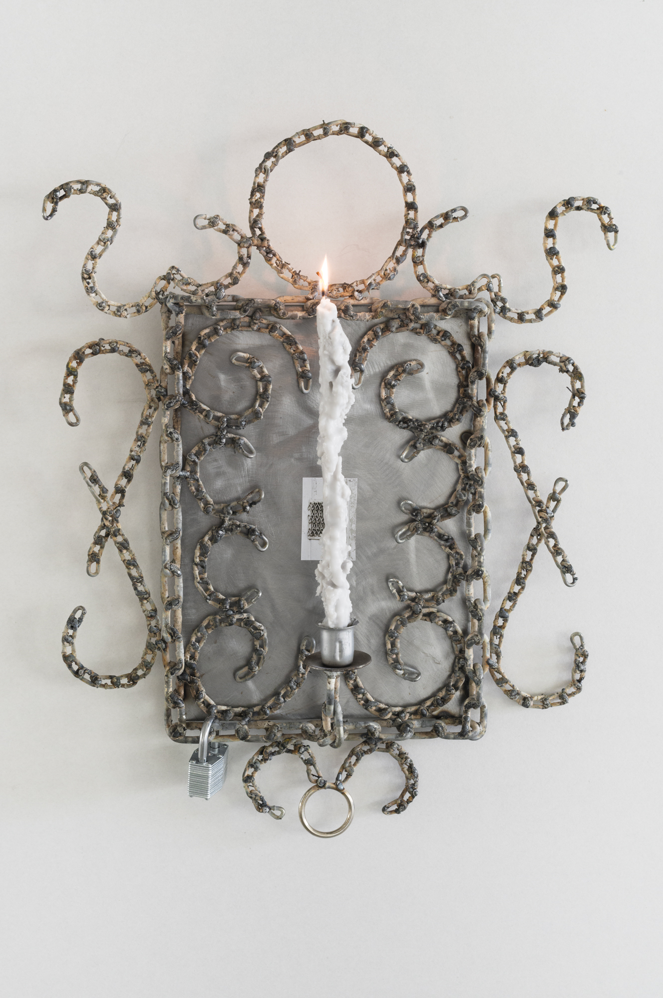 Boris Panaccio, "Portals I", 2024 Chain, steel plate, locks, print on vinyls 16 x 20 inches
