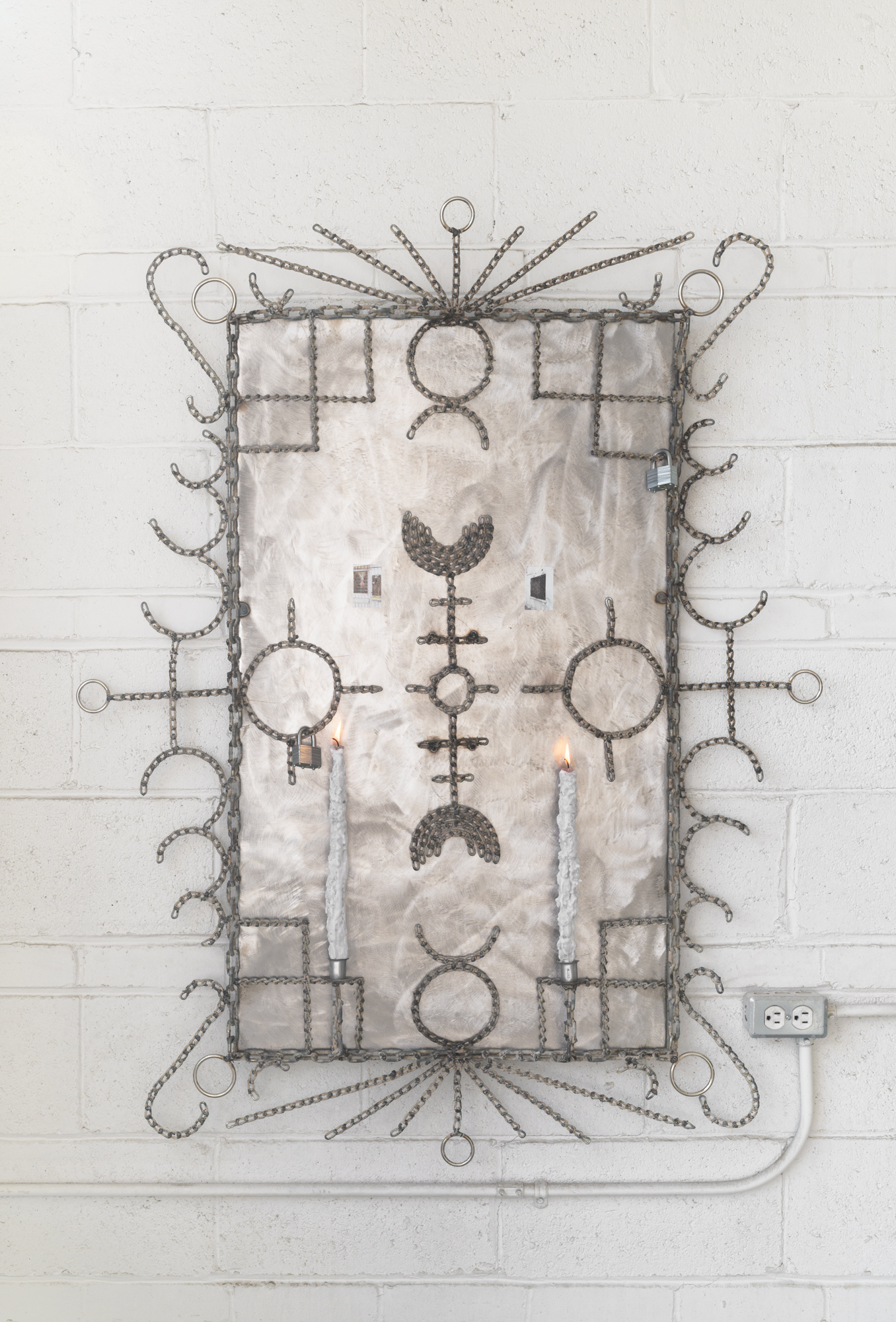 Boris Panaccio, "Portals II", 2024 Chain, steel plate, locks, print on vinyls 41 x 52 inches